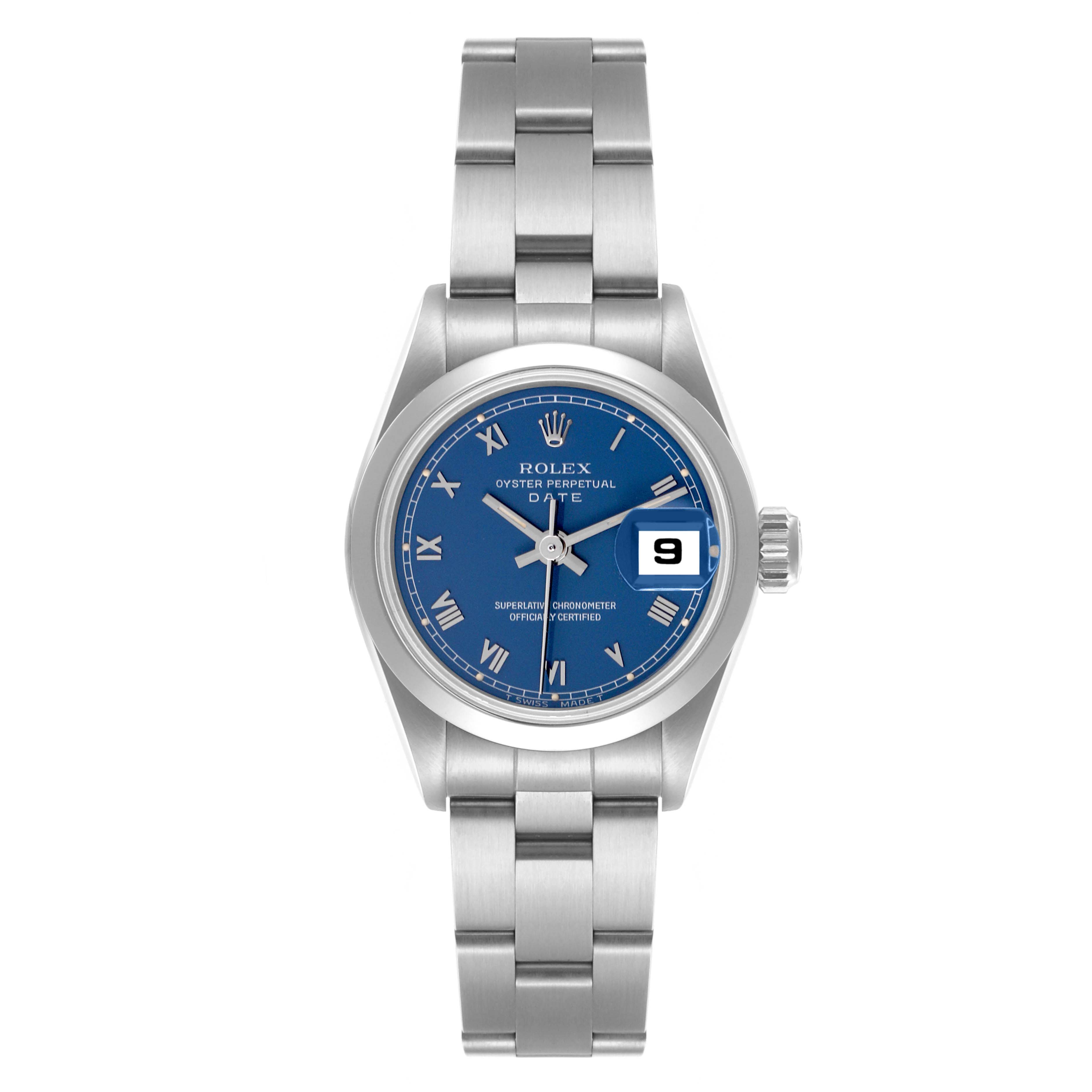 The Rolex Date 69160 Women's Stainless Steel Blue Dial 69160 Women's Stainless Steel Blue Dial model watch is shown from a front angle, highlighting the blue dial, stainless steel bracelet, and date window.