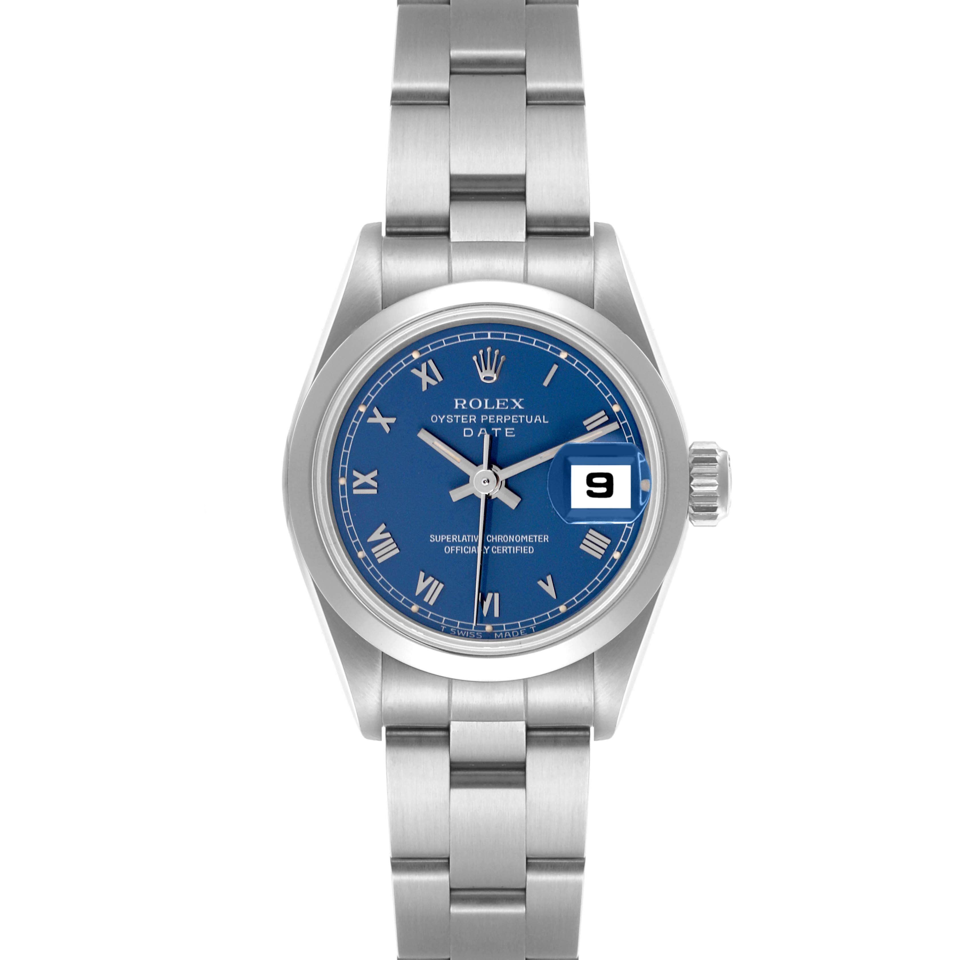 This Rolex Date 69160 Women's Stainless Steel Blue Dial 69160 Women's Stainless Steel Blue Dial watch is shown from a top-down angle, highlighting the blue dial, Roman numerals, and silver bracelet.