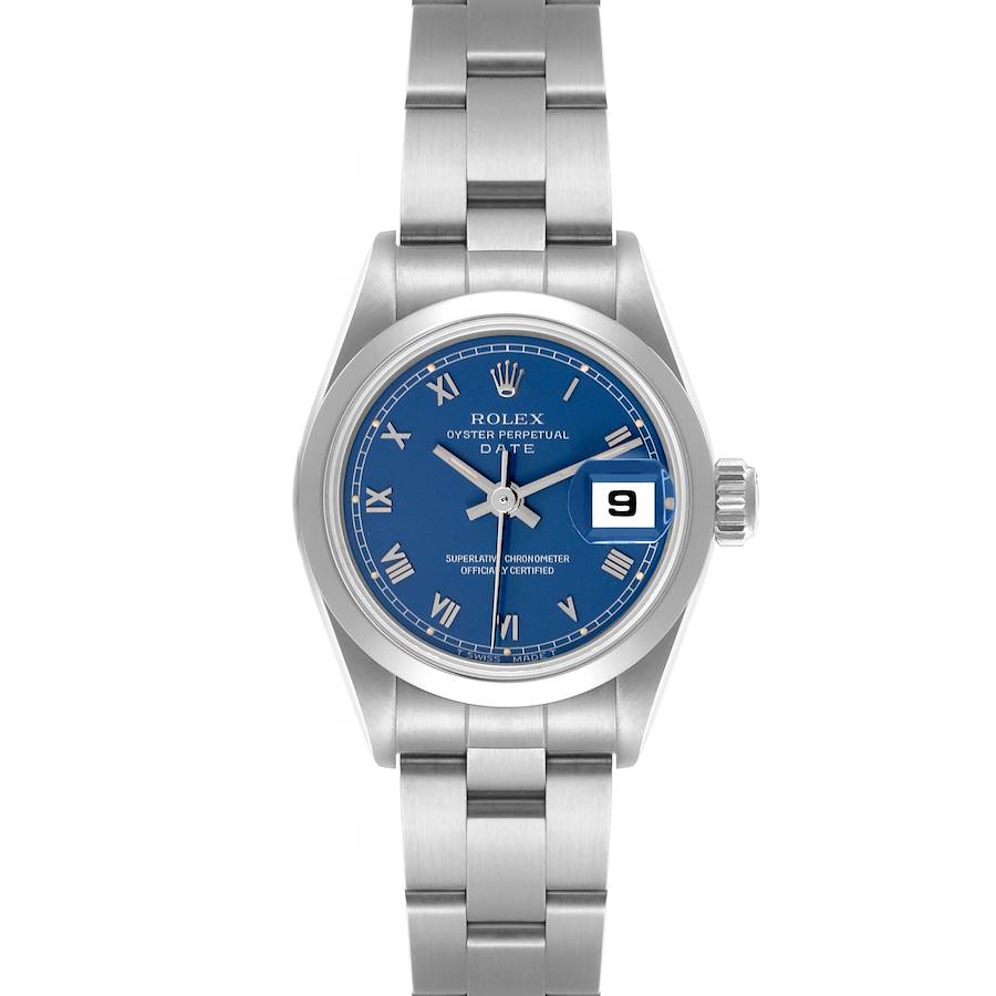 This Rolex Date watch is shown from a top-down angle, highlighting the blue dial, Roman numerals, and silver bracelet.