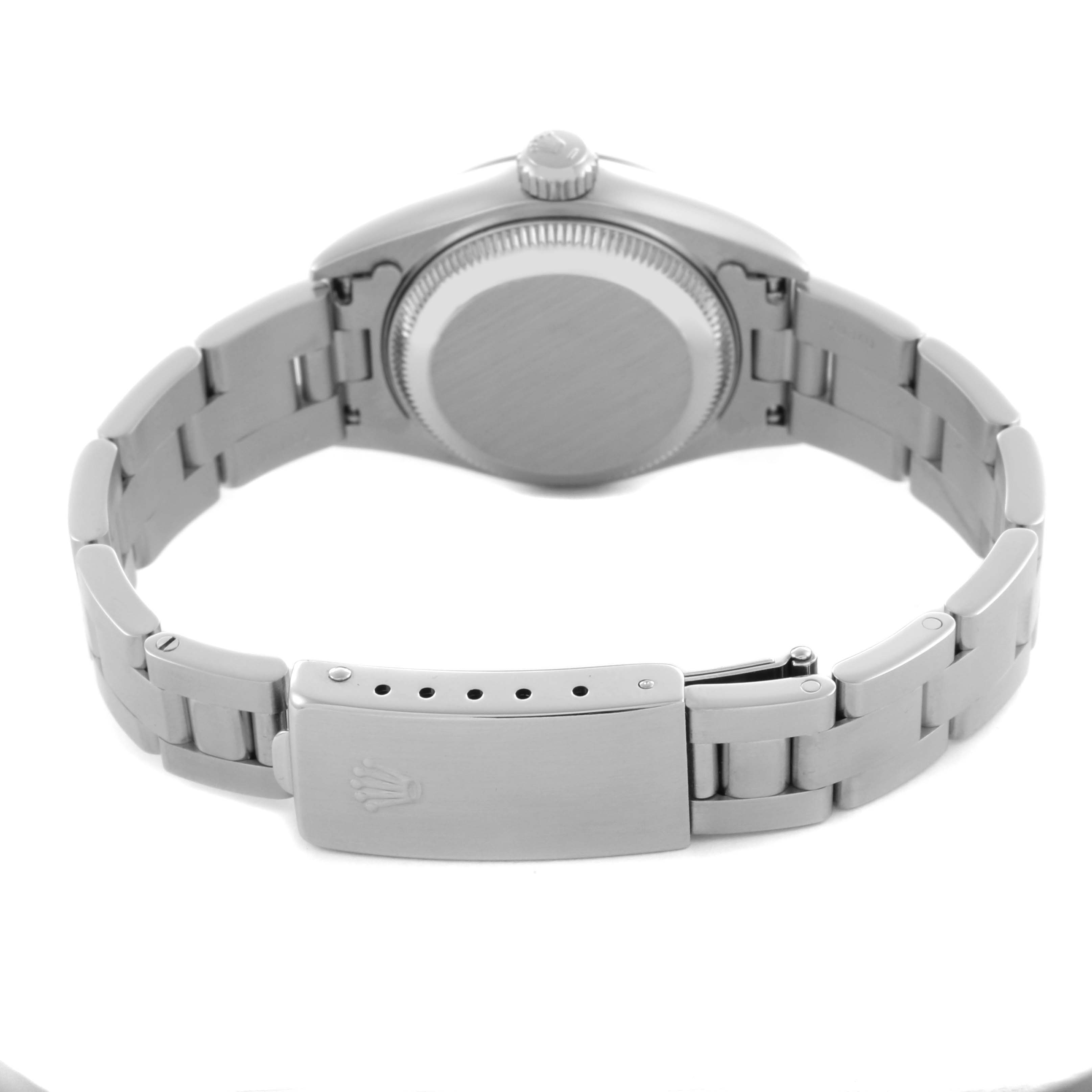 The image shows the back of a Rolex Date 69160 Women's Stainless Steel Blue Dial 69160 Women's Stainless Steel Blue Dial model, highlighting the case back, bracelet, and clasp.