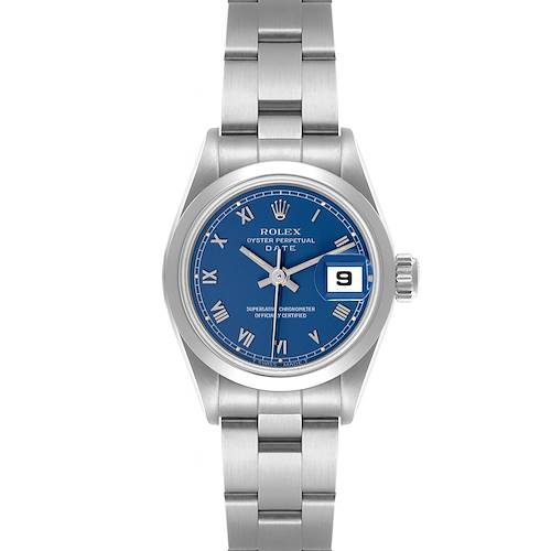 The Rolex Date watch is shown from a front angle, highlighting its blue dial, Roman numerals, and bracelet.