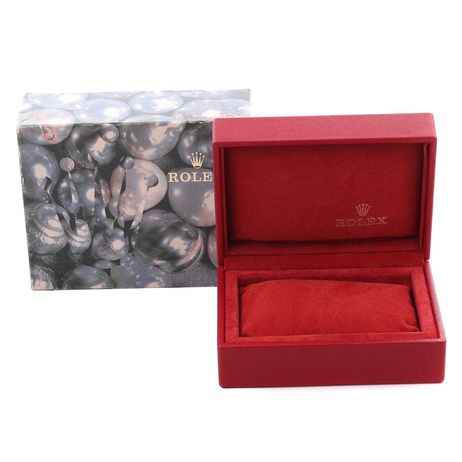 The image shows a Rolex Date 69160 Women's Stainless Steel Blue Dial 69160 Women's Stainless Steel Blue Dial model watch box, open with a red interior and a decorative outer box.