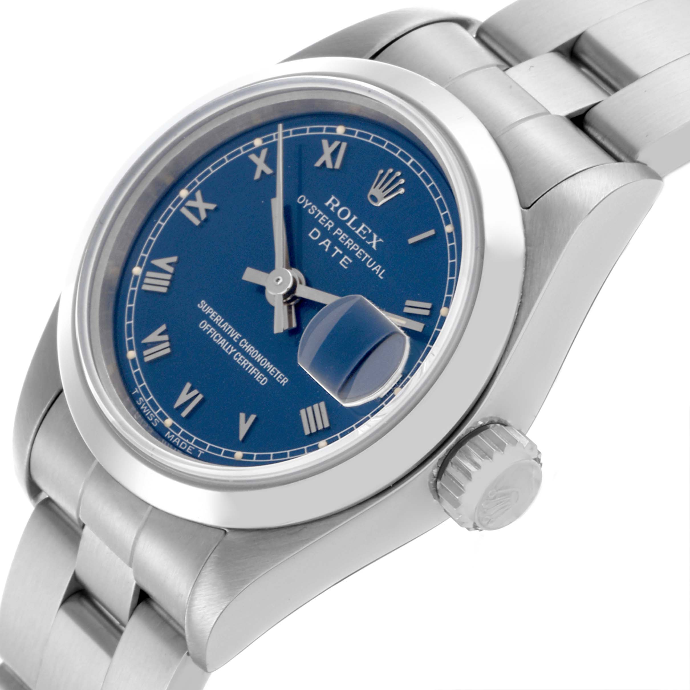 The Rolex Date 69160 Women's Stainless Steel Blue Dial 69160 Women's Stainless Steel Blue Dial watch is shown from an angled side view, highlighting the blue dial, bezel, crown, and part of the bracelet.