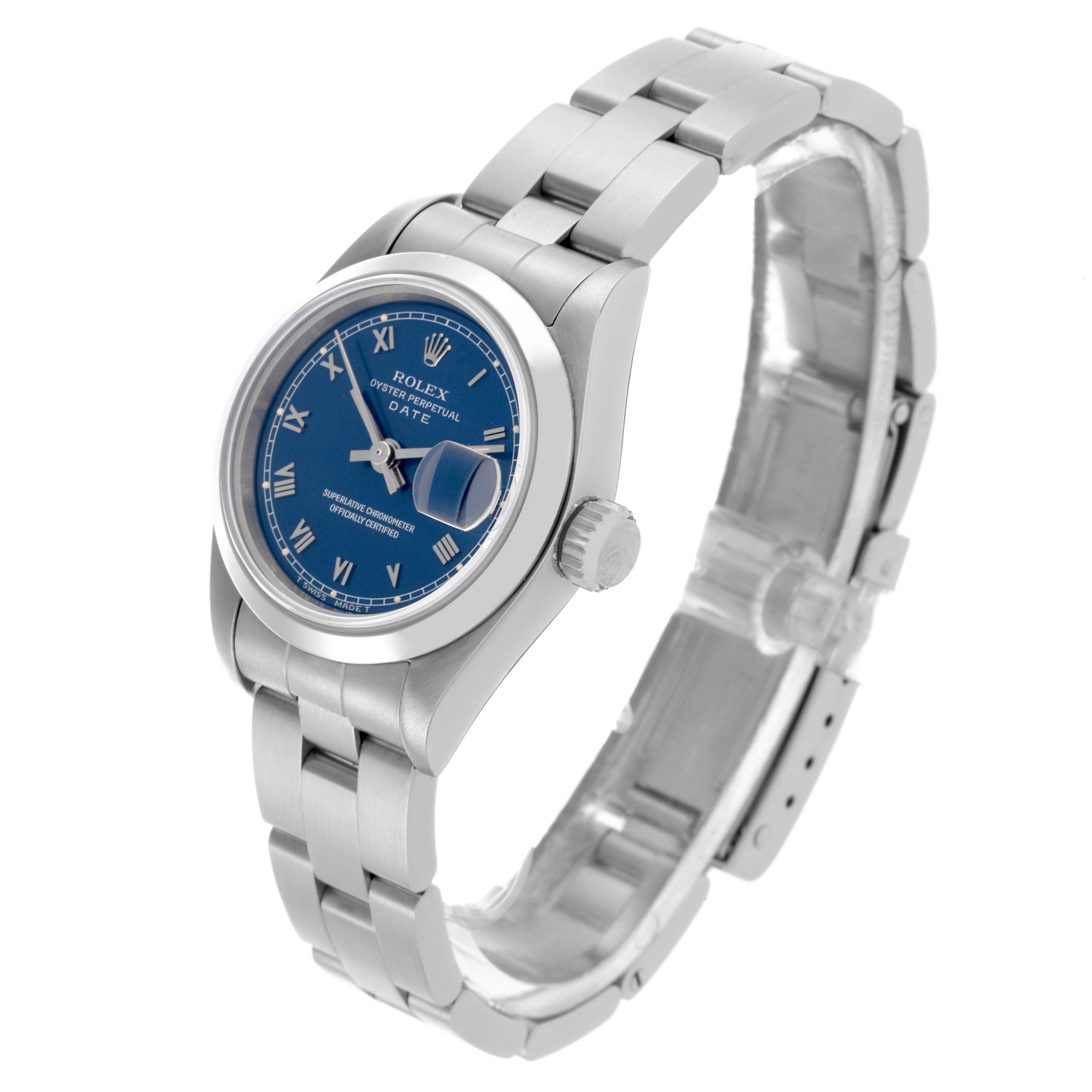 The Rolex Date 69160 Women's Stainless Steel Blue Dial 69160 Women's Stainless Steel Blue Dial watch is shown at a three-quarter angle, displaying the blue dial, bracelet, case, and crown.
