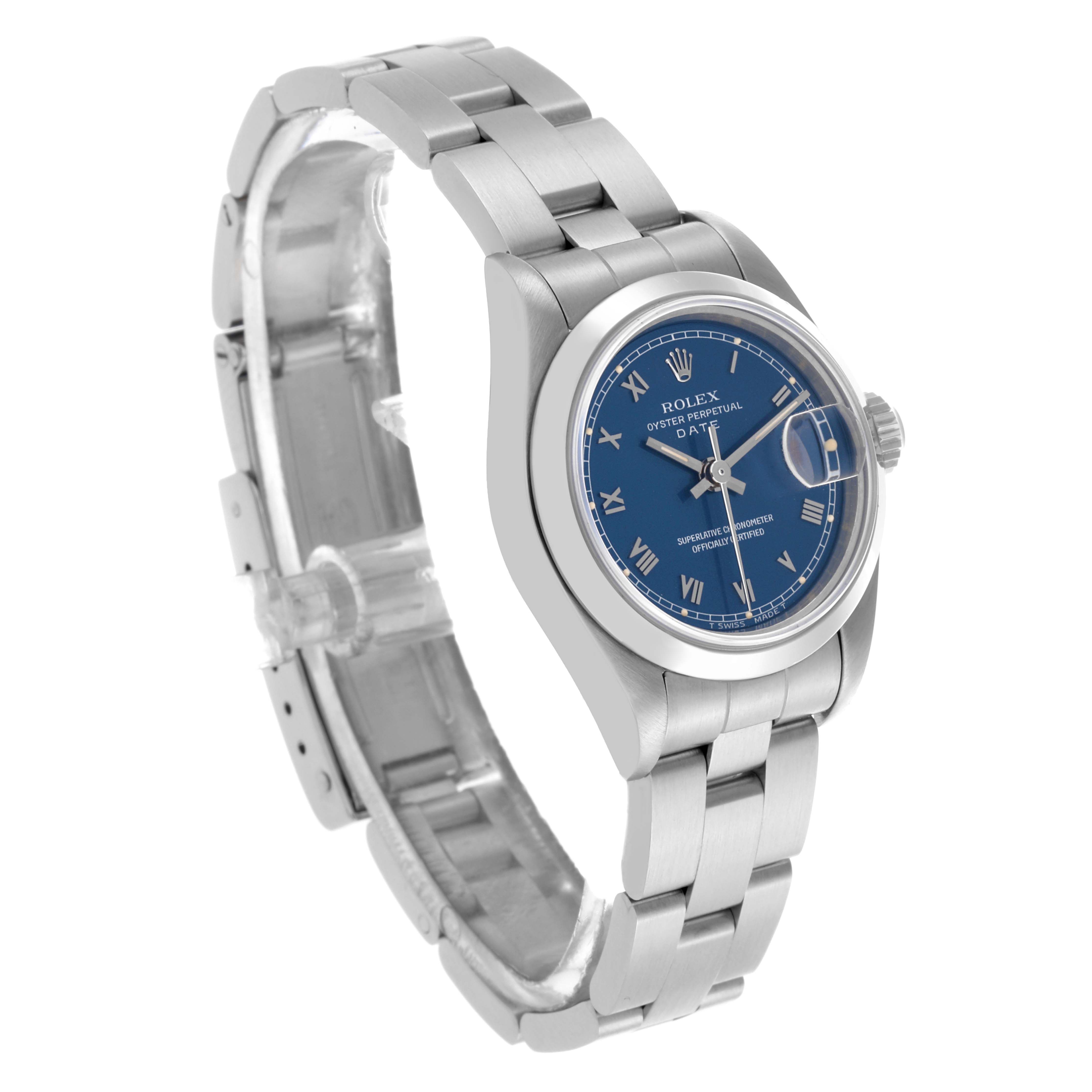 The Rolex Date 69160 Women's Stainless Steel Blue Dial 69160 Women's Stainless Steel Blue Dial watch is angled to show the blue dial, Roman numerals, and stainless steel bracelet.