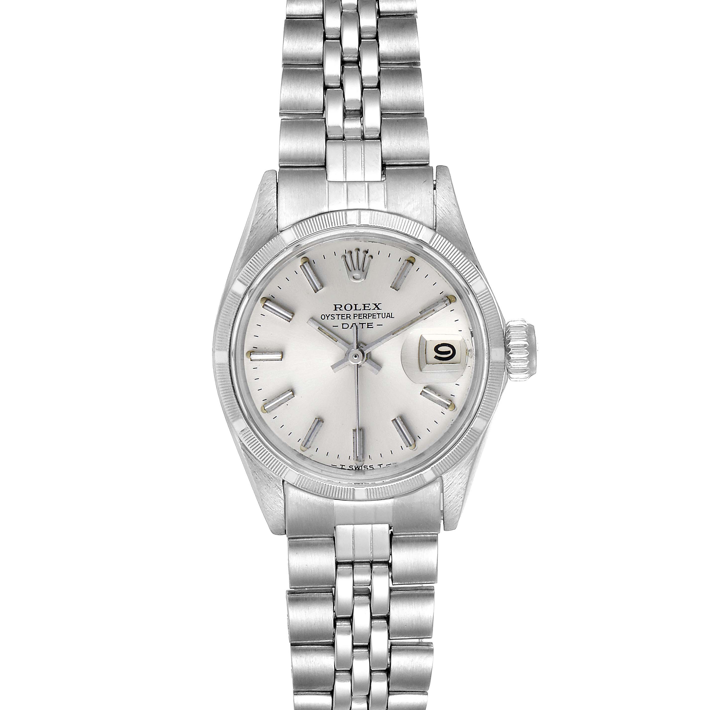 This image shows a front view of a Rolex Date 6519 Women
s Stainless Steel Silver Dial 6519 Women
s Stainless Steel Silver Dial model watch, highlighting the dial, bezel, bracelet, and date magnification window.