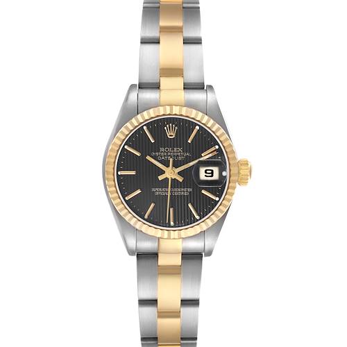 The Rolex Datejust 79173 Women's Steel and Gold (two tone) Black Dial watch is displayed from the front, showing the dial, hands, bezel, and part of the two-tone bracelet.