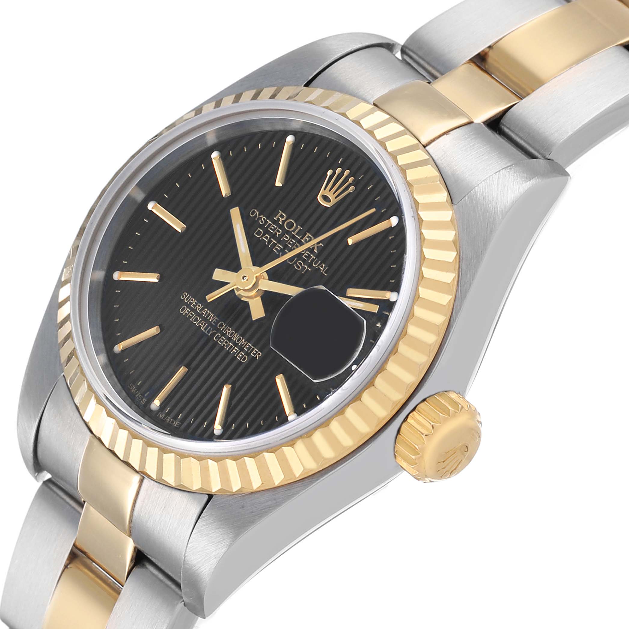 The Rolex Datejust 79173 Women's Steel and Gold (two tone) Black Dial watch is angled to show the black dial, gold bezel, crown, and two-tone bracelet.