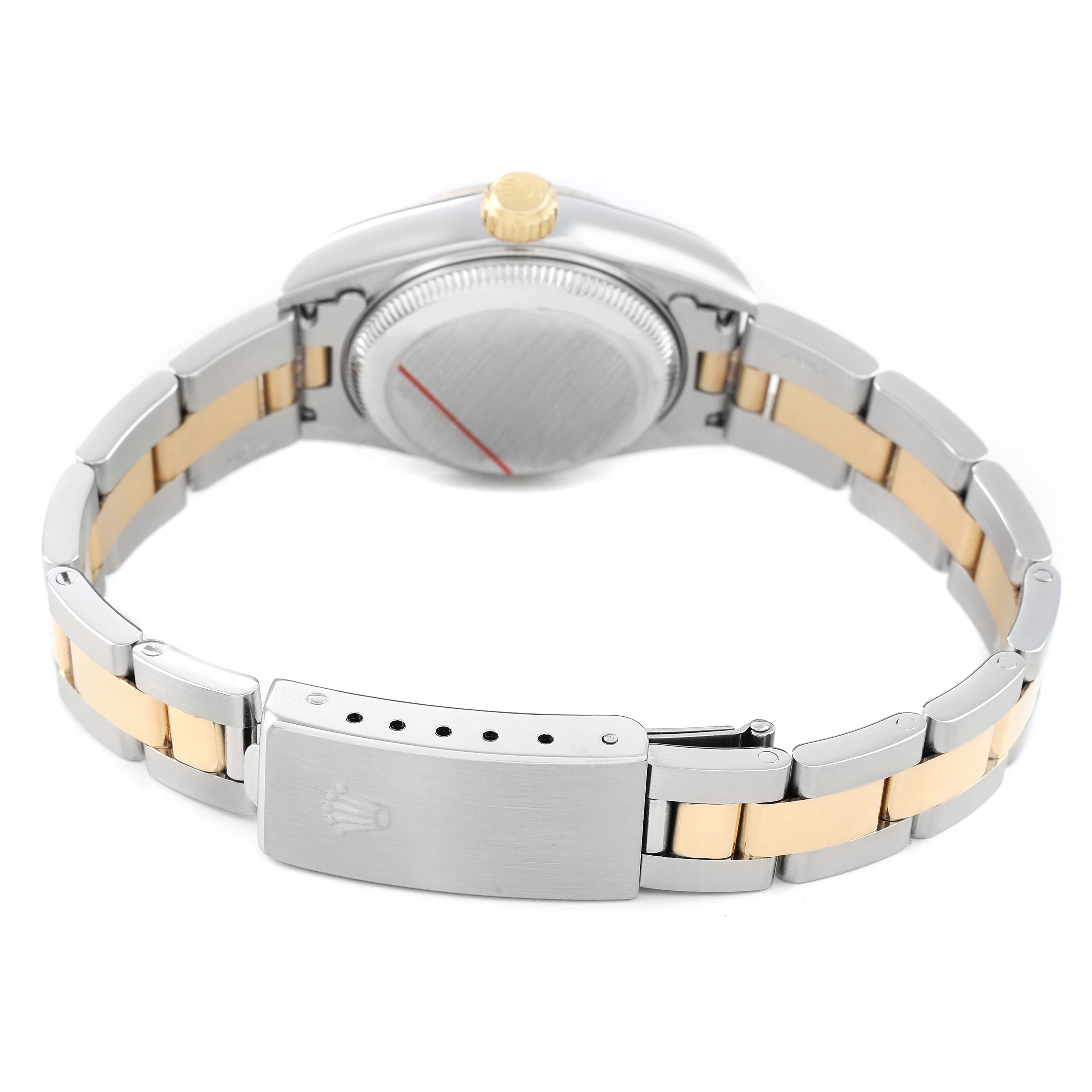 The Rolex Datejust 79173 Women's Steel and Gold (two tone) Black Dial watch is shown from the back, highlighting the clasp, bracelet, and case back.