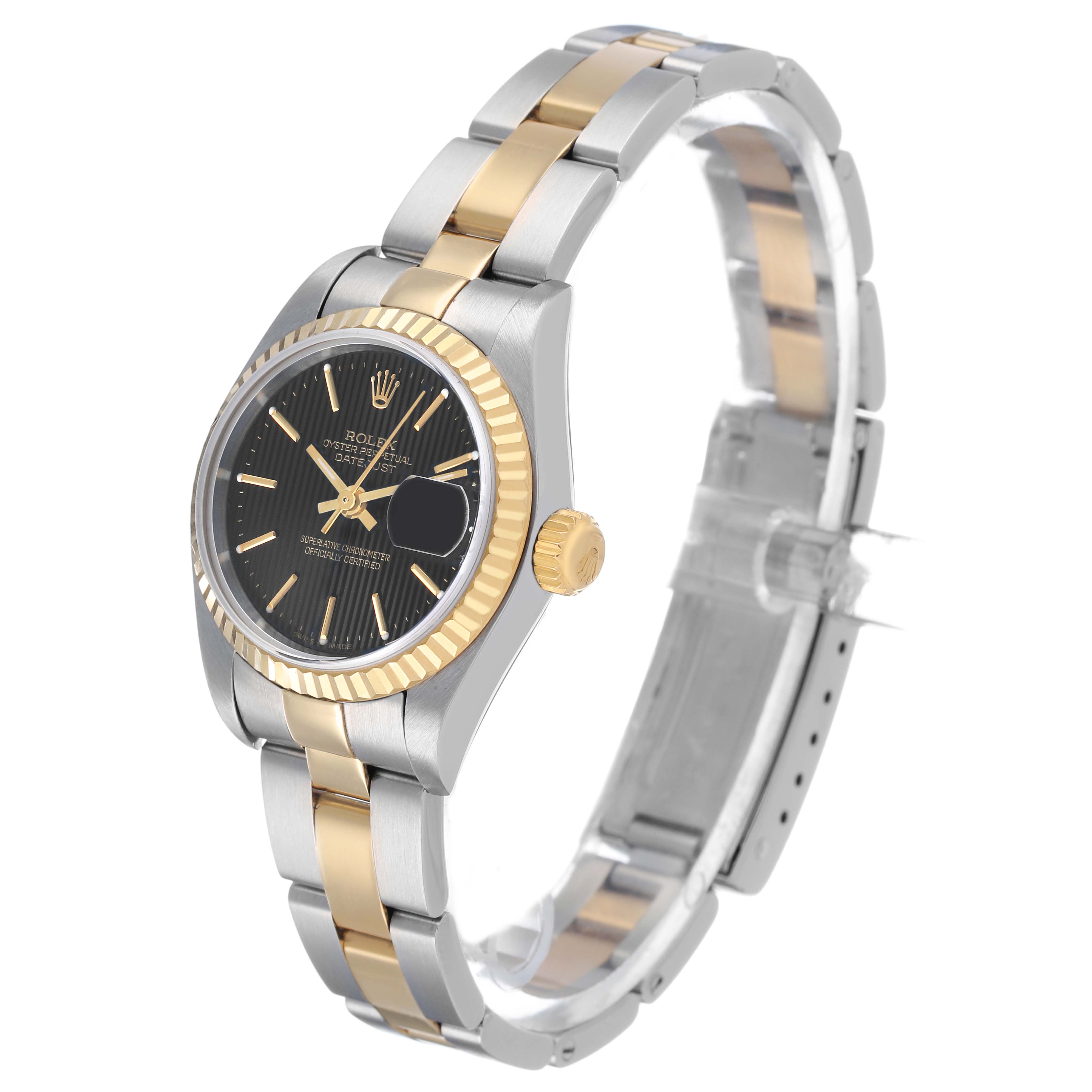 The Rolex Datejust 79173 Women's Steel and Gold (two tone) Black Dial watch is shown at a side angle highlighting the bezel, crown, and part of the bracelet.