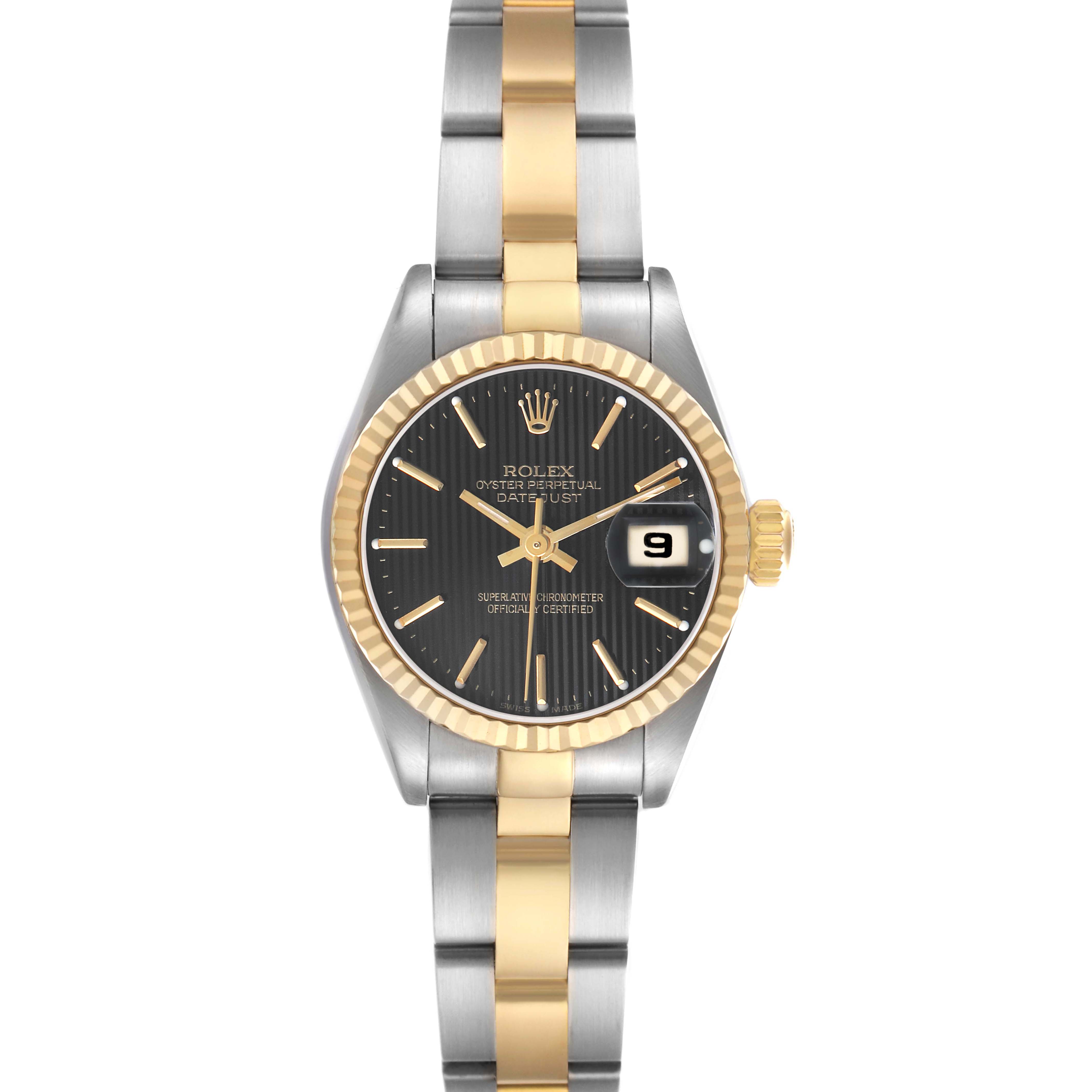 The Rolex Datejust 79173 Women's Steel and Gold (two tone) Black Dial watch is shown from a frontal angle, displaying the dial, bezel, and bracelet.