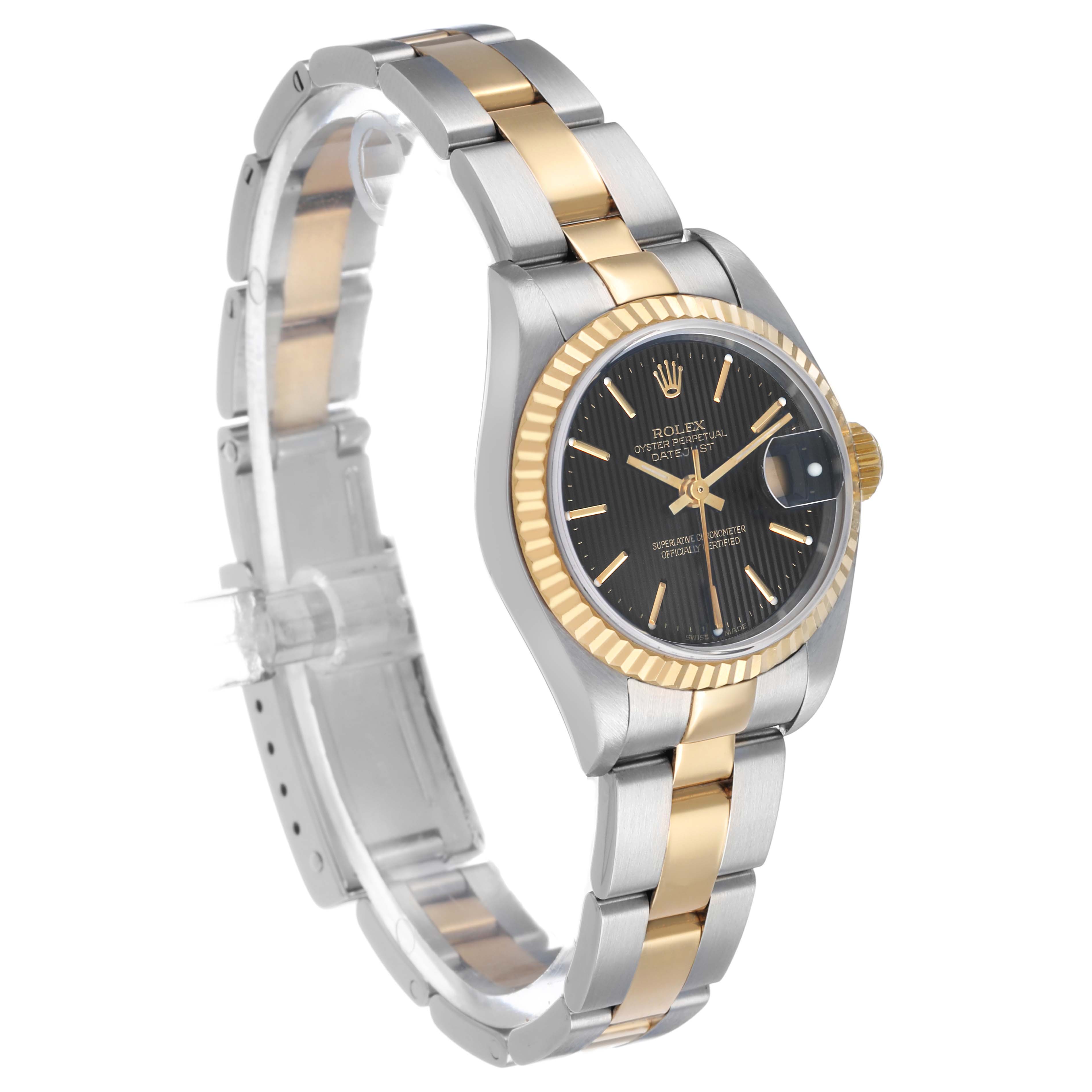 The Rolex Datejust 79173 Women's Steel and Gold (two tone) Black Dial is shown at a three-quarter angle, displaying its dial, bezel, and two-tone bracelet.