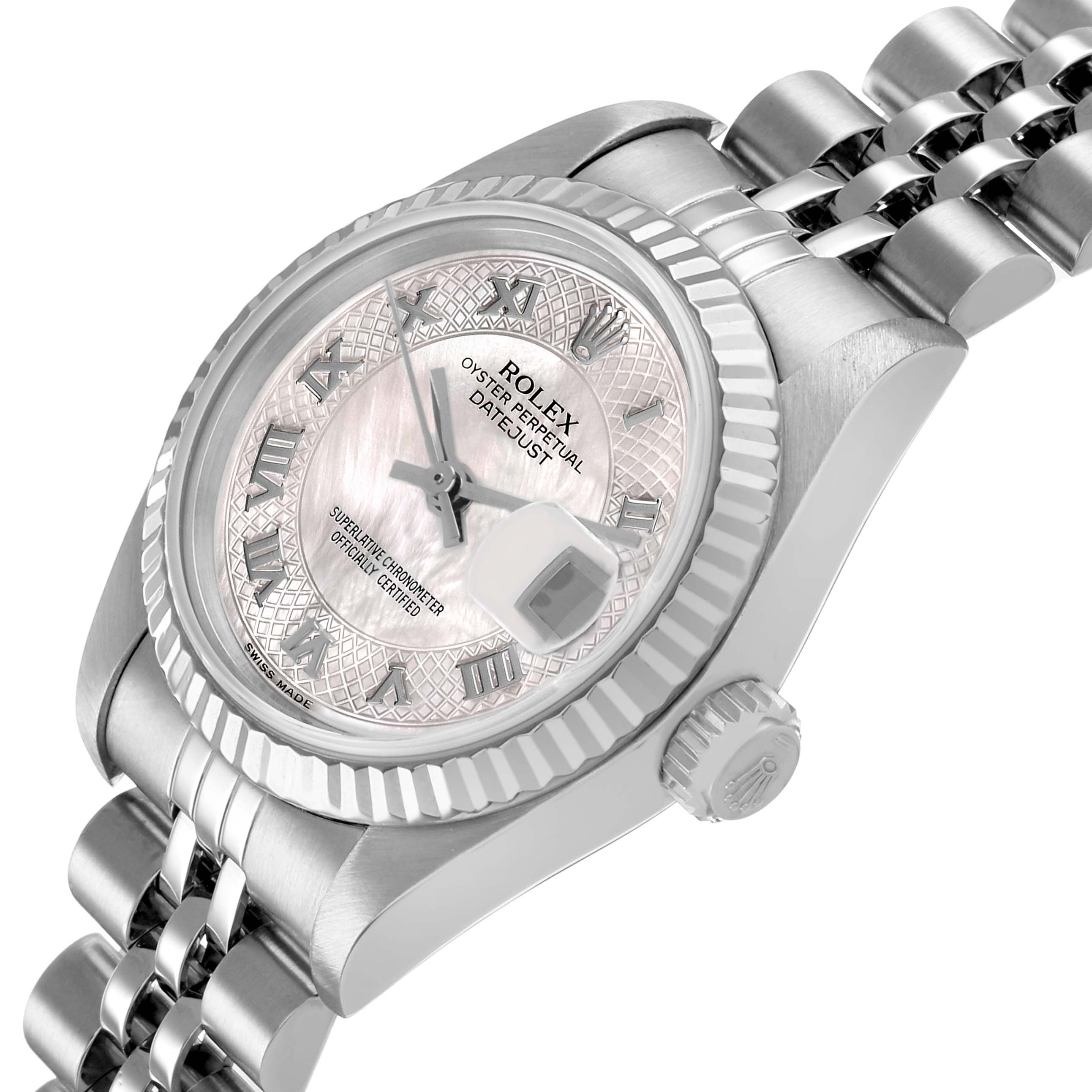 The Rolex Datejust 79174 Women's Stainless Steel Mother of Pearl Dial watch is shown at a high angle, displaying the dial, bezel, crown, and part of the bracelet.