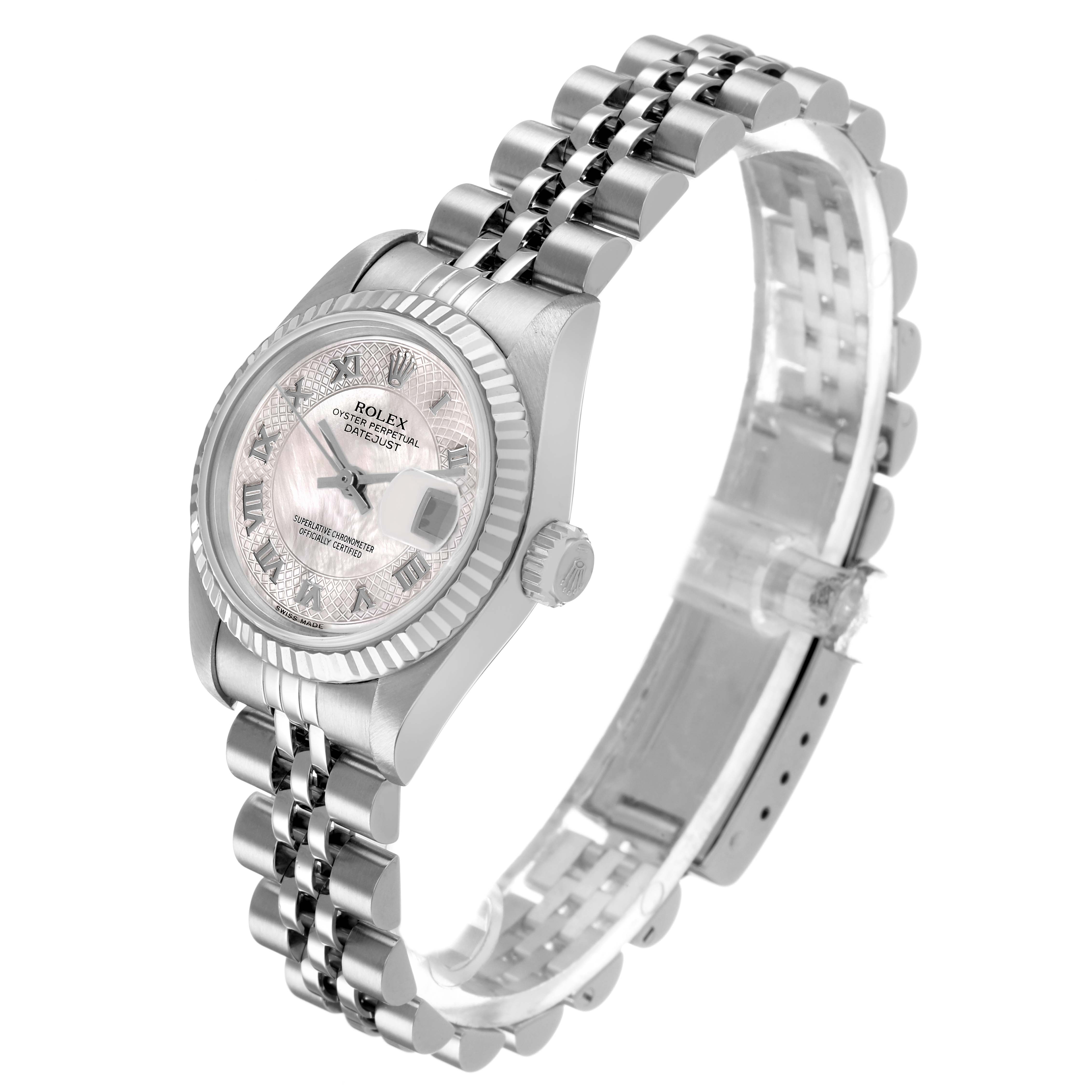 The Rolex Datejust 79174 Women's Stainless Steel Mother of Pearl Dial watch is shown at a three-quarter angle, displaying the face, bezel, crown, and bracelet.