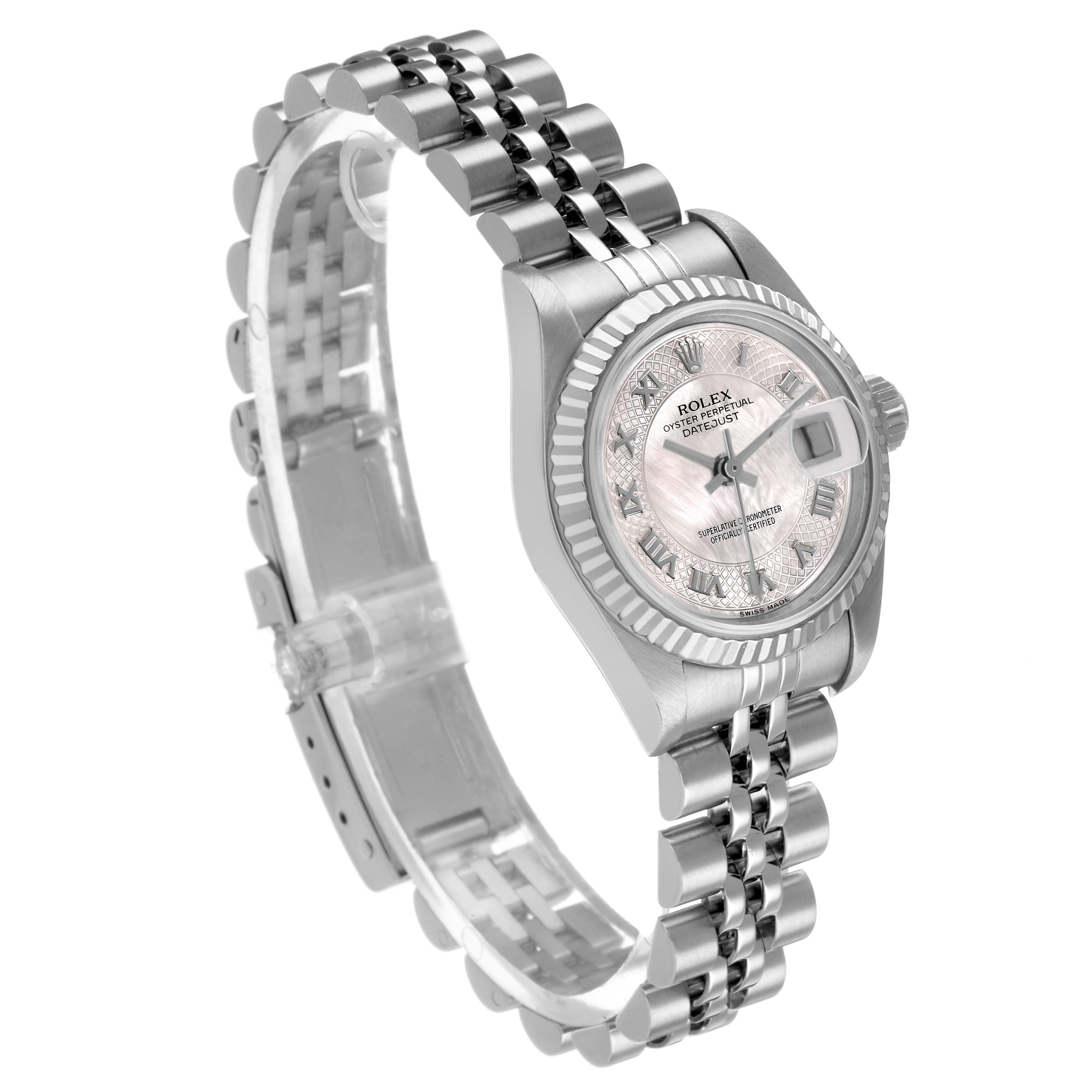 The image shows a Rolex Datejust 79174 Women's Stainless Steel Mother of Pearl Dial watch at a three-quarter angle, highlighting the face, bezel, and bracelet.