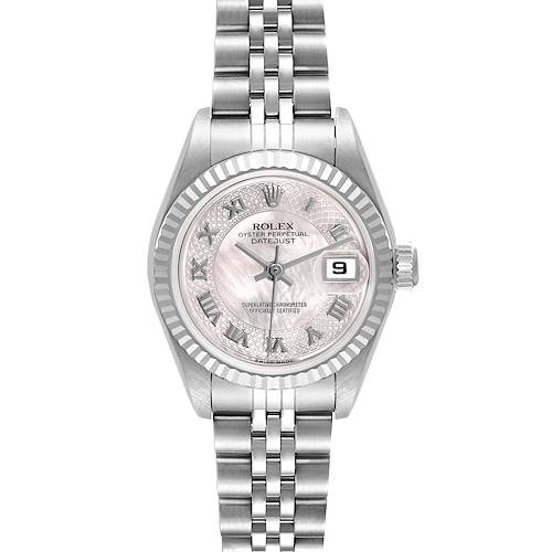 The Rolex Datejust 79174 Women's Stainless Steel Mother of Pearl Dial watch is shown from a straight-on angle, displaying the dial, bezel, and bracelet.