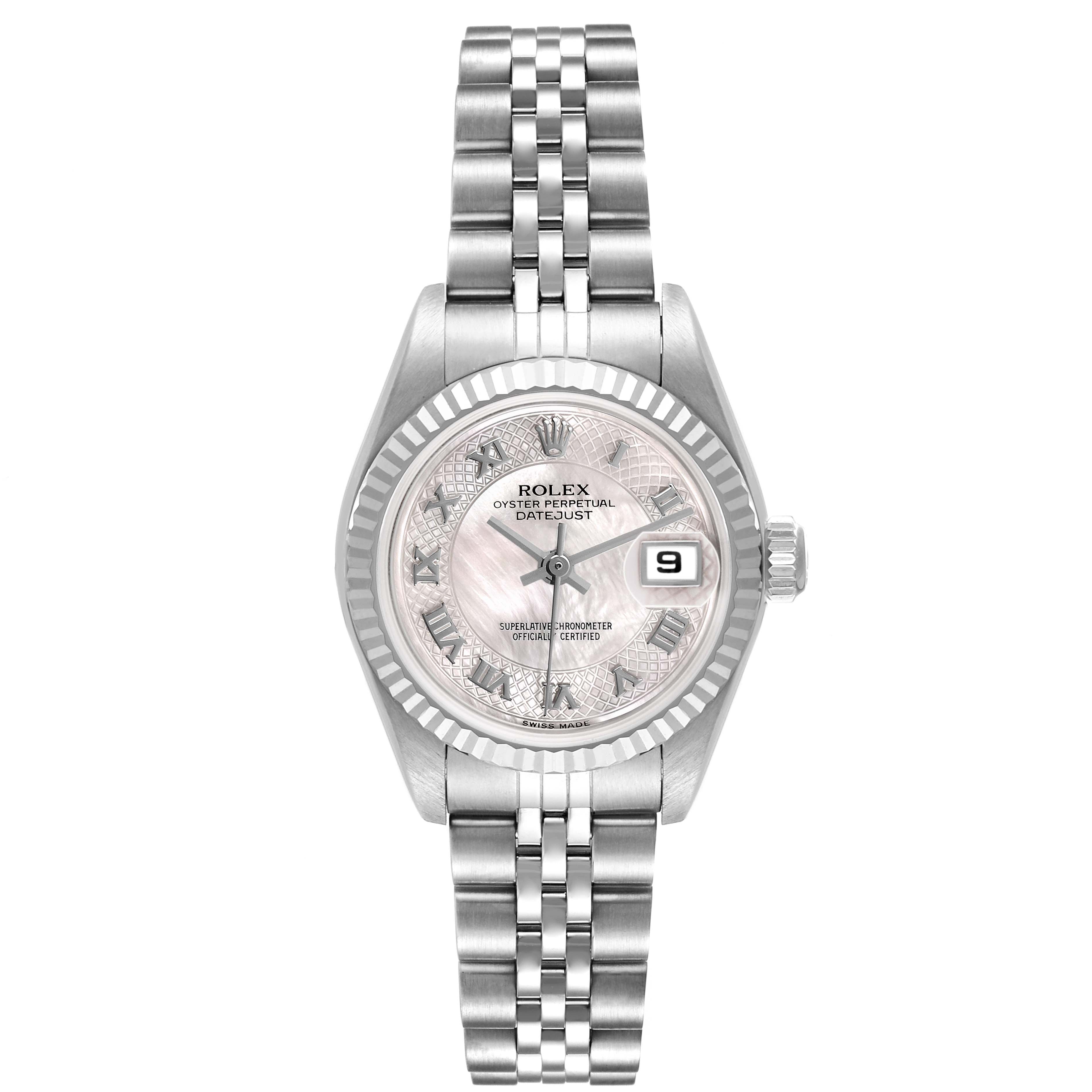The image shows a Rolex Datejust 79174 Women's Stainless Steel Mother of Pearl Dial watch from a front angle, highlighting the dial, bezel, and bracelet.