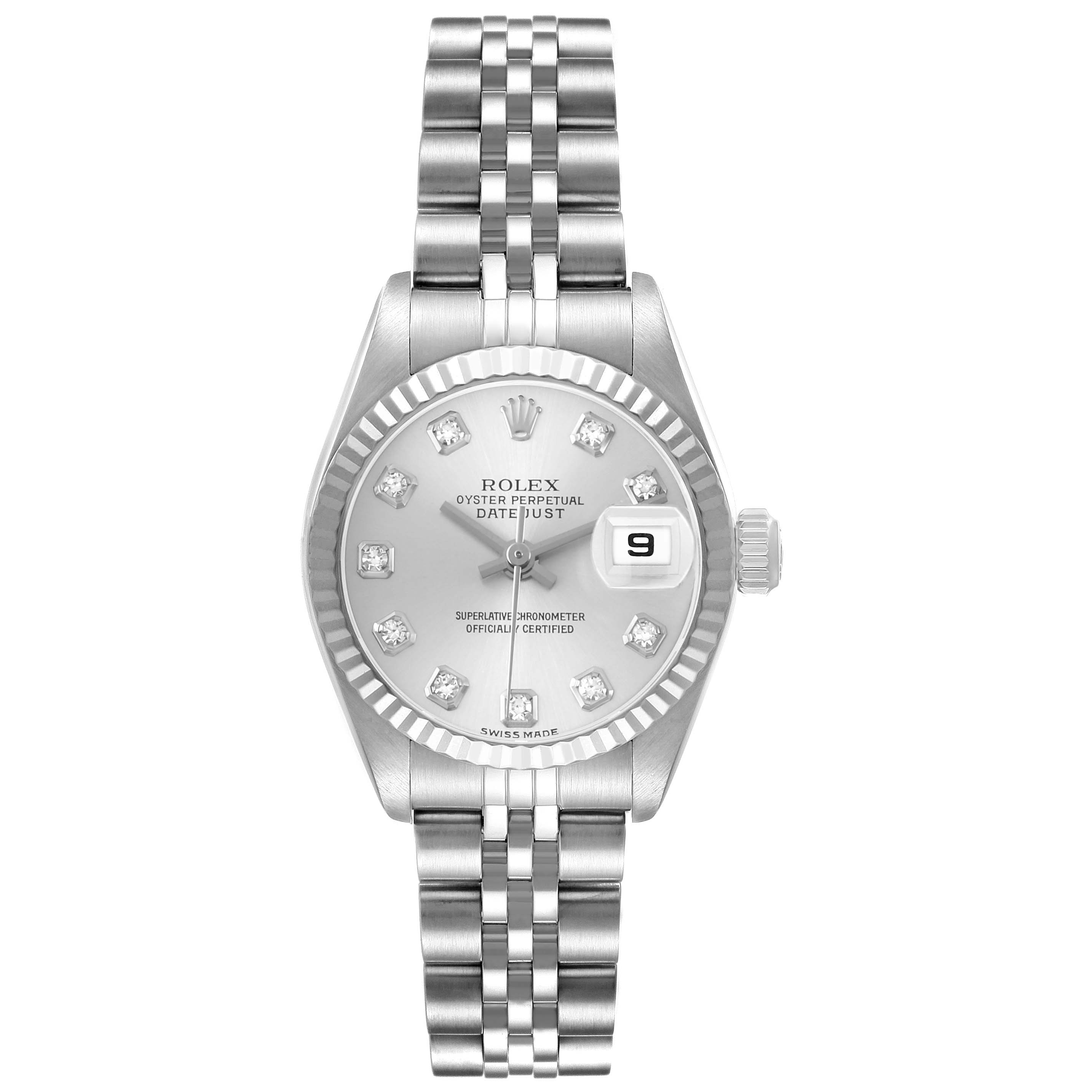 The Rolex Datejust 79174 Women's Steel and Gold (two tone) Silver Dial watch is shown from a top-down angle, highlighting the face, bezel, and jubilee bracelet.