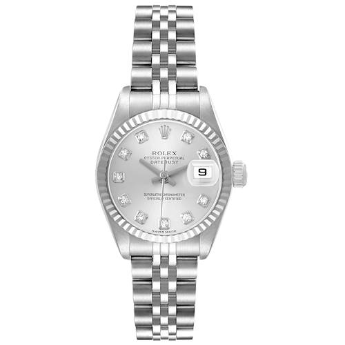 The Rolex Datejust 79174 Women's Steel and Gold (two tone) Silver Dial watch is shown from a front view, highlighting the dial, fluted bezel, and jubilee bracelet.