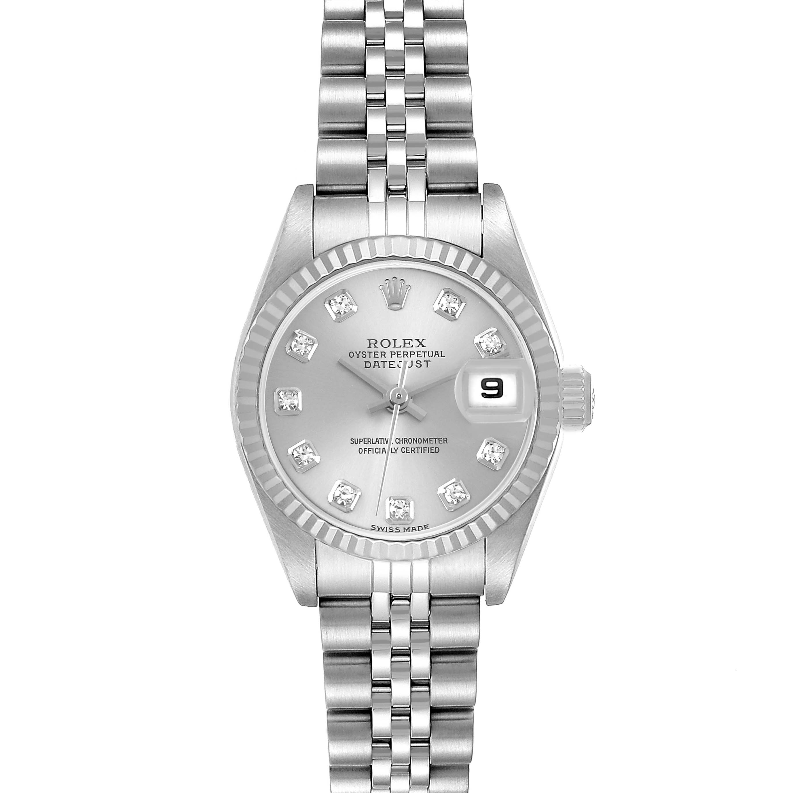 The Rolex Datejust 79174 Women's Stainless Steel Silver Dial watch is shown from a top-down angle, displaying its face, bezel, and bracelet.