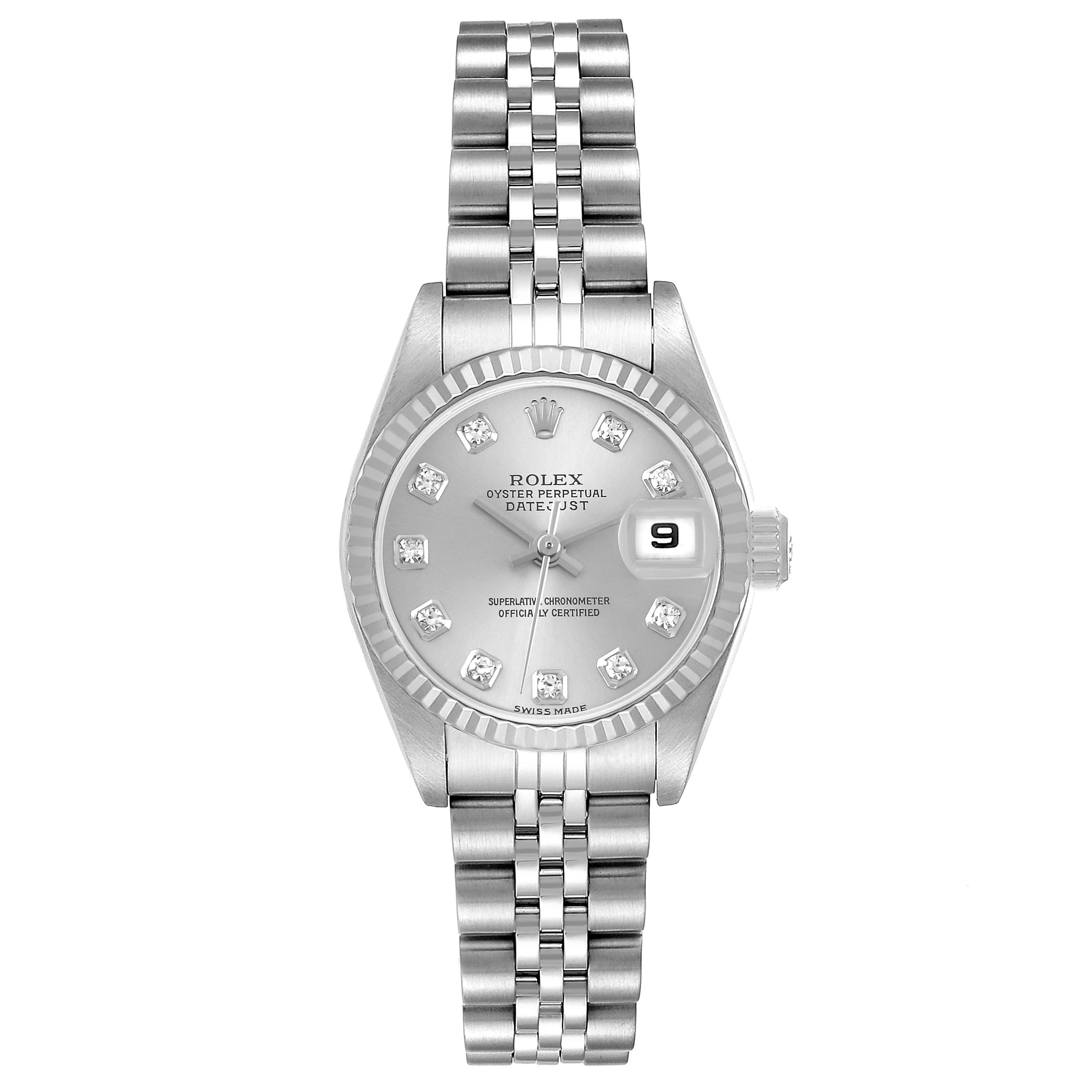 The Rolex Datejust 79174 Women's Stainless Steel Silver Dial is shown from a top-down angle, highlighting the face, bezel, and bracelet.