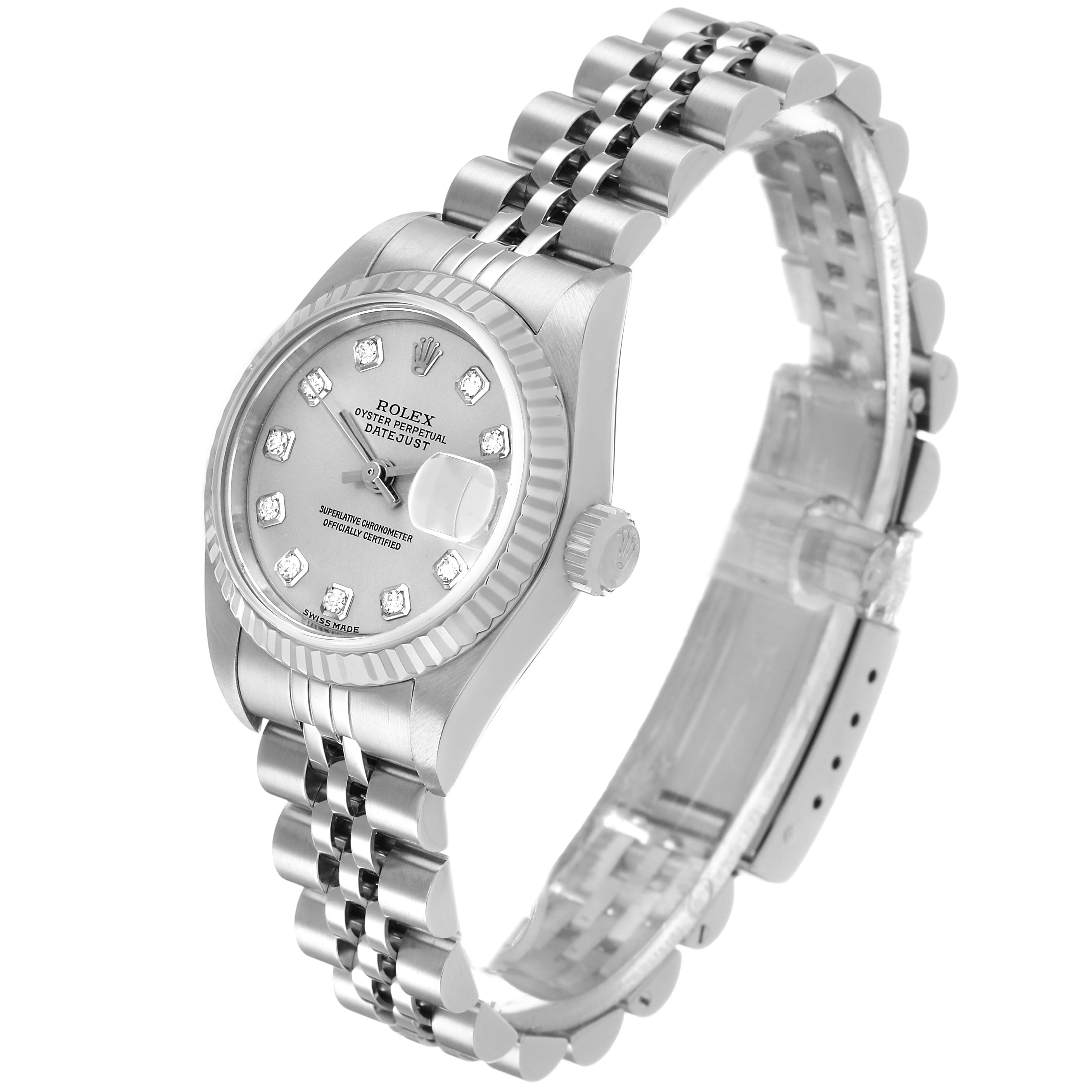 The Rolex Datejust 79174 Women's Stainless Steel Silver Dial watch is shown at an angle highlighting the face, case, and bracelet, with a focus on its details and design.