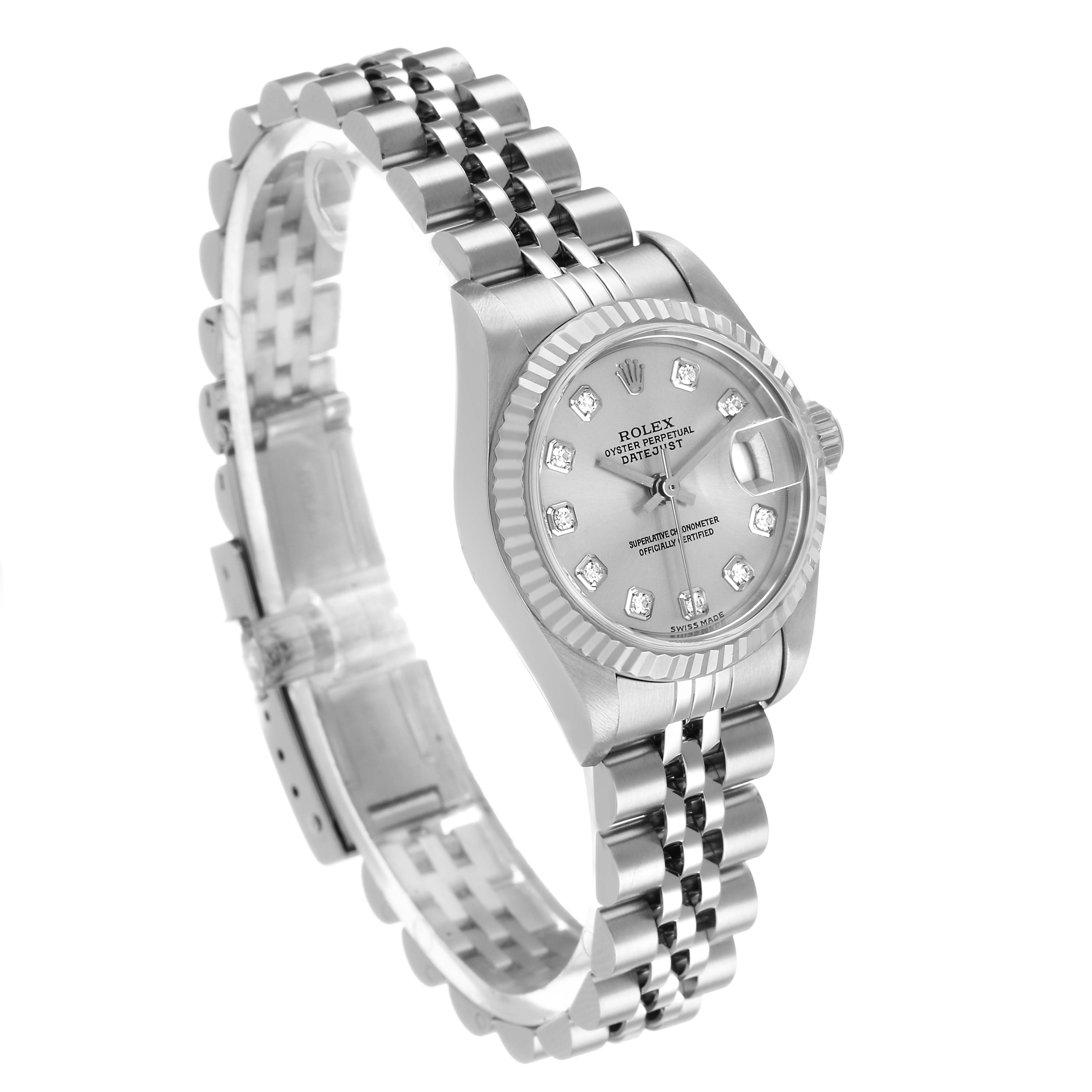 The Rolex Datejust 79174 Women's Stainless Steel Silver Dial watch is shown at a slight angle, displaying the case, bracelet, dial, and crown.