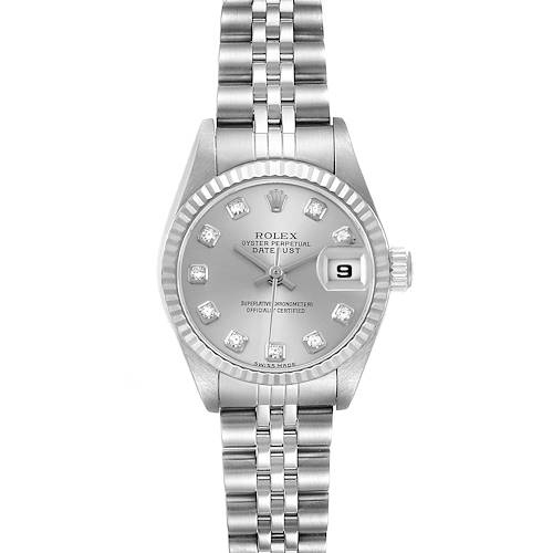 The image shows a Rolex Datejust 79174 Women's Stainless Steel Silver Dial watch from a front view, displaying the dial, bezel, bracelet, and date window.