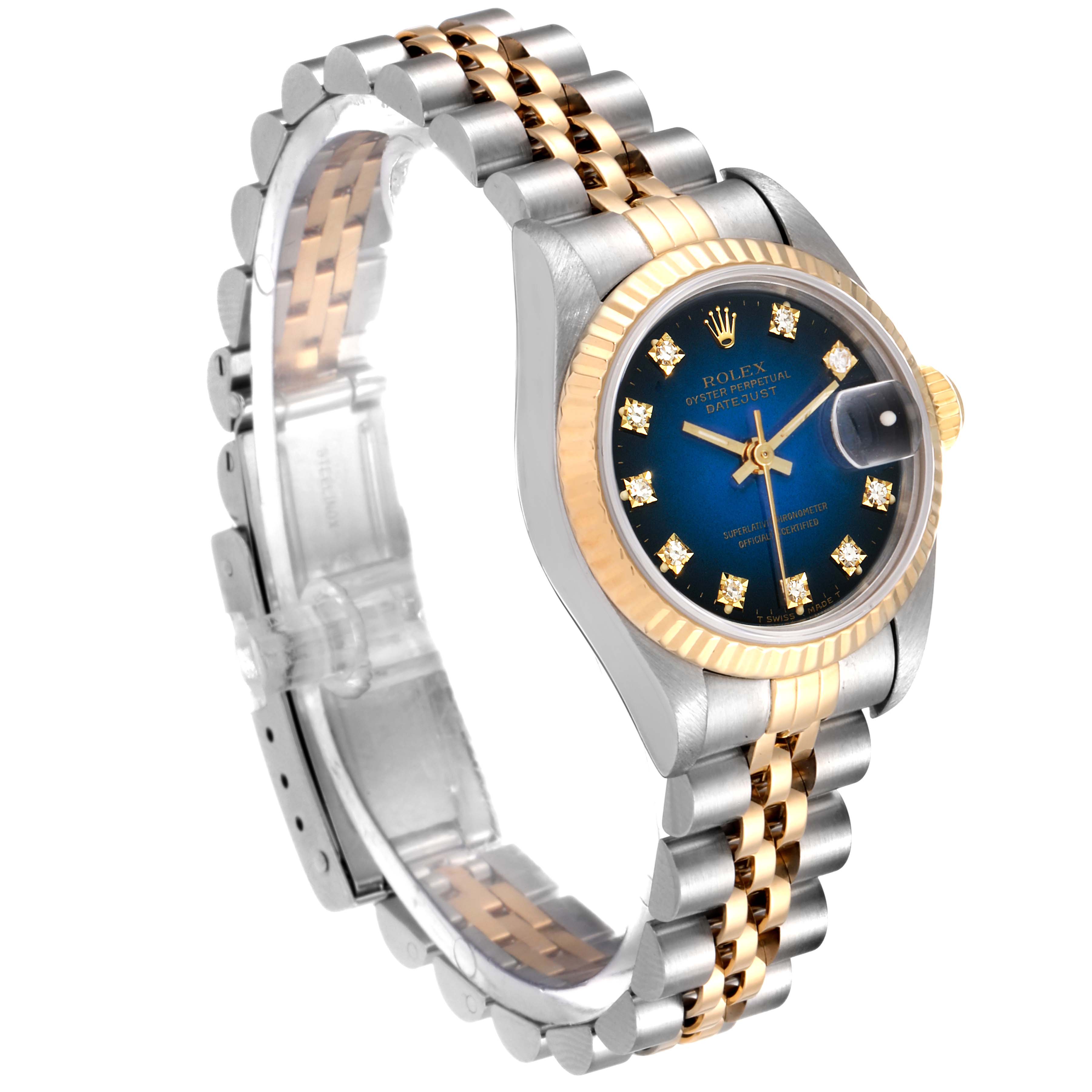 This image shows a Rolex Datejust 69173 Women's Steel and Gold (two tone) Blue Dial 69173 Women's Steel and Gold (two tone) Blue Dial watch at a slight angle, featuring a blue dial, fluted bezel, and jubilee bracelet.