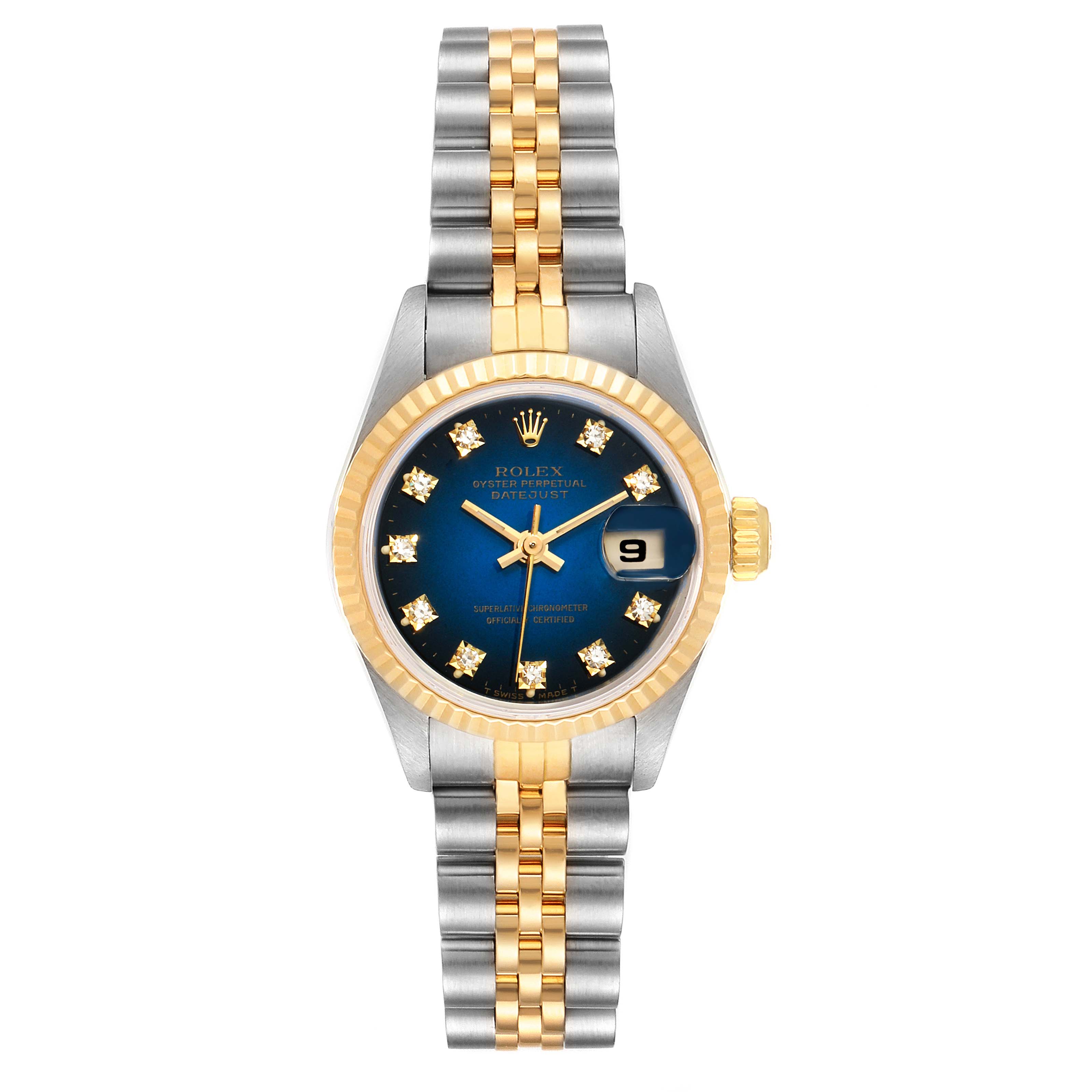 This image shows a Rolex Datejust 69173 Women's Steel and Gold (two tone) Blue Dial 69173 Women's Steel and Gold (two tone) Blue Dial watch from a front angle, highlighting the dial, bezel, bracelet, and date window.