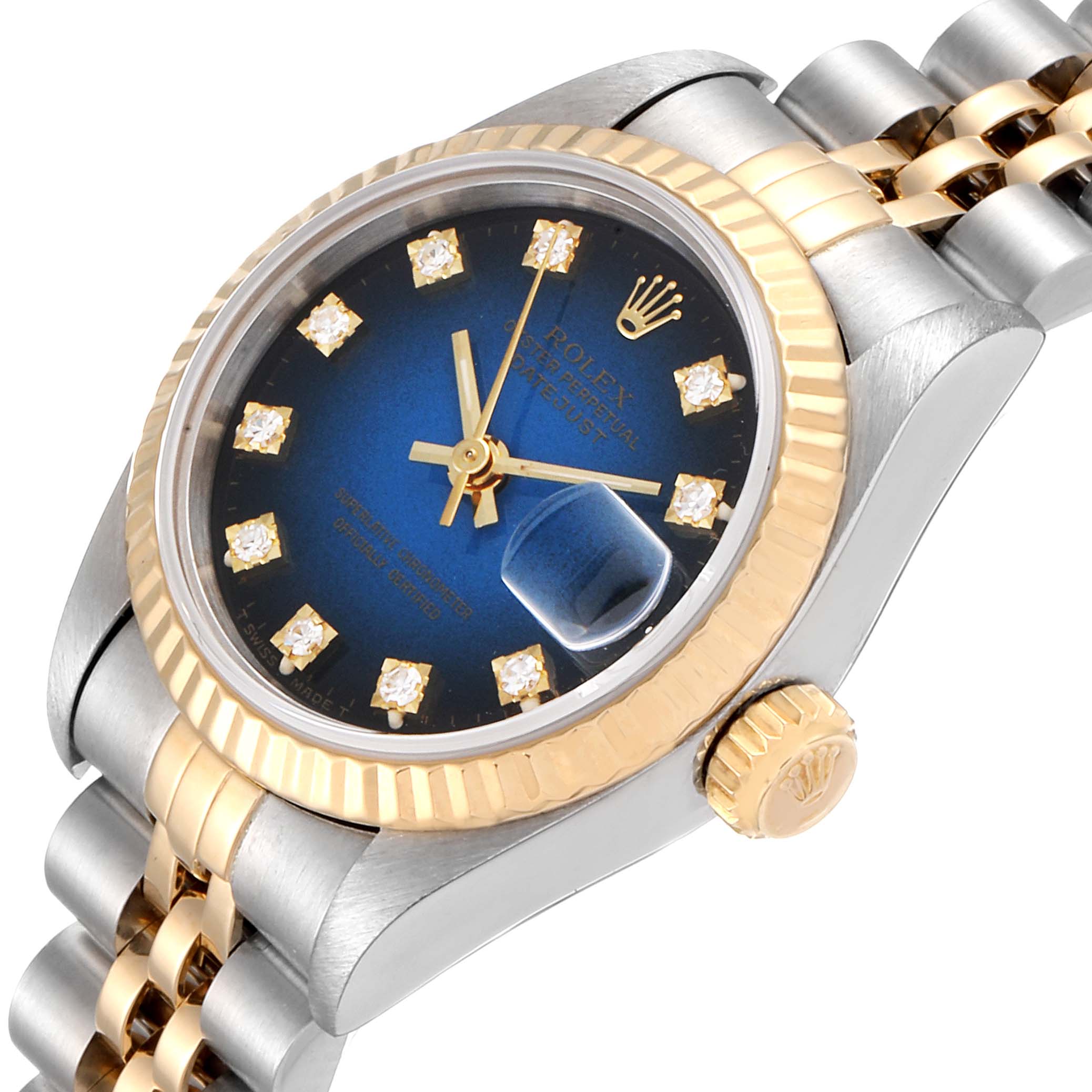The Rolex Datejust 69173 Women's Steel and Gold (two tone) Blue Dial 69173 Women's Steel and Gold (two tone) Blue Dial watch is shown at an angled close-up, highlighting the dial, bezel, crown, and part of the bracelet.