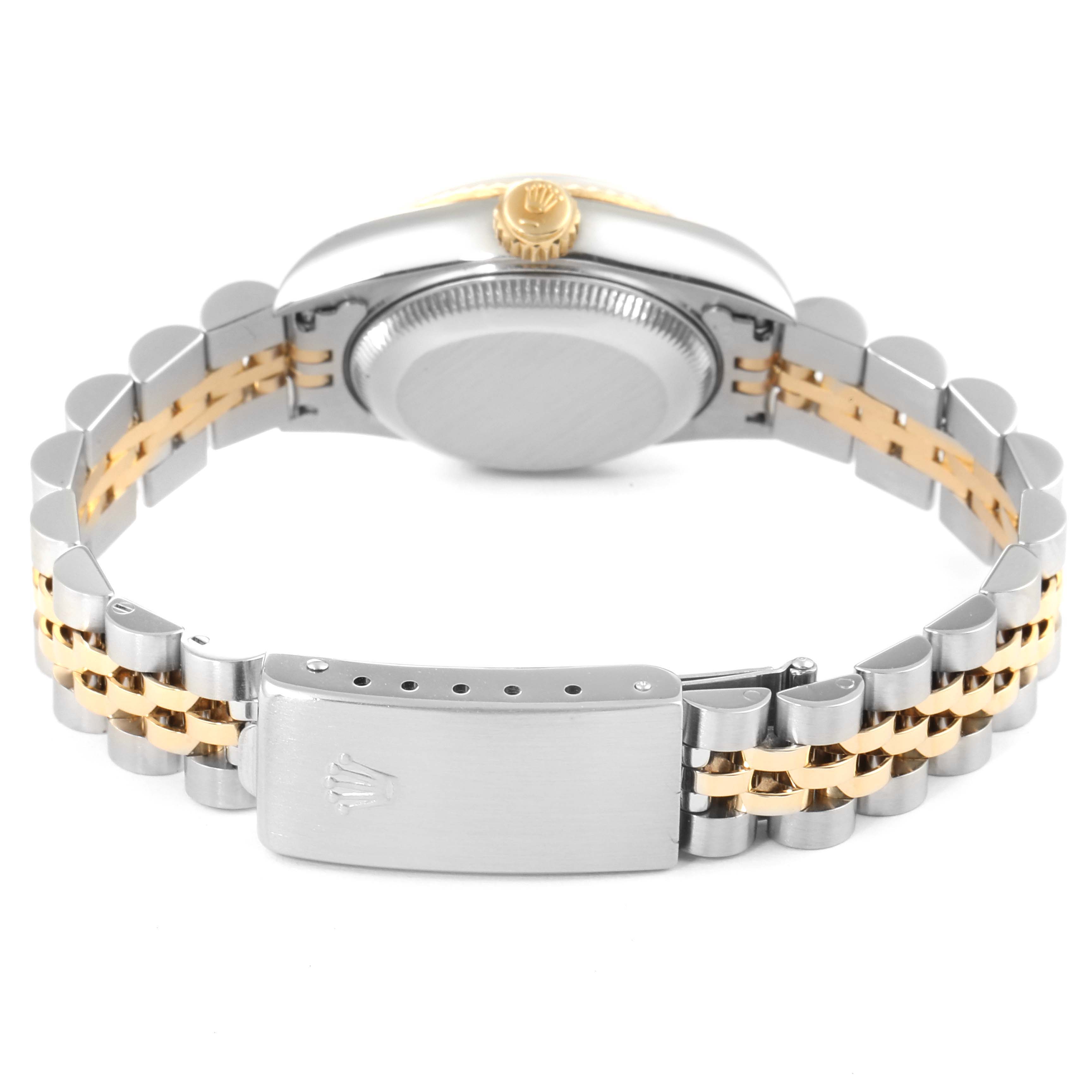 The image shows the back view of a Rolex Datejust 69173 Women's Steel and Gold (two tone) Blue Dial 69173 Women's Steel and Gold (two tone) Blue Dial watch, highlighting the clasp, bracelet, case back, and crown.