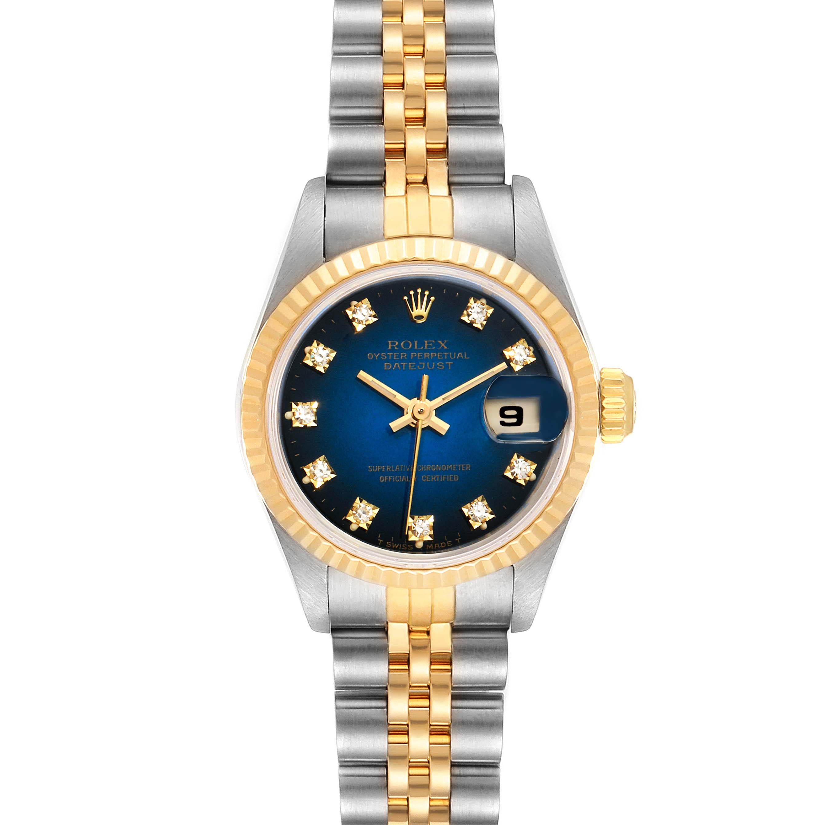 The image shows a Rolex Datejust 69173 Women's Steel and Gold (two tone) Blue Dial 69173 Women's Steel and Gold (two tone) Blue Dial watch from a front view, highlighting the face, bezel, crown, and part of the bracelet.