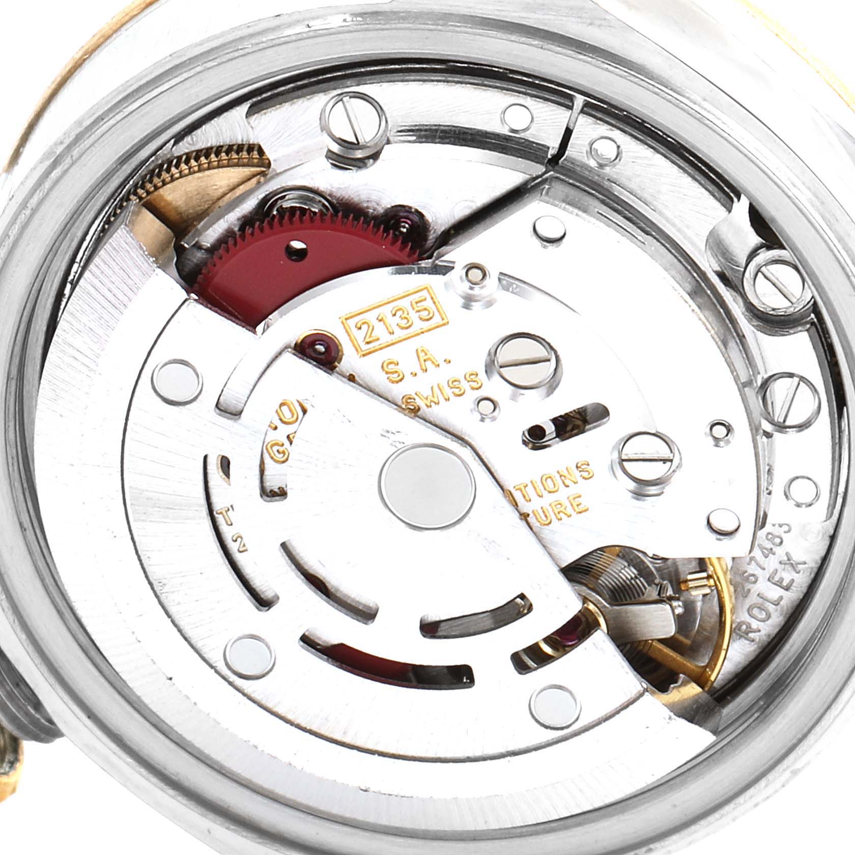 This image shows the movement mechanism of a Rolex Datejust 69173 Women's Steel and Gold (two tone) Blue Dial 69173 Women's Steel and Gold (two tone) Blue Dial watch from a top-down angle.
