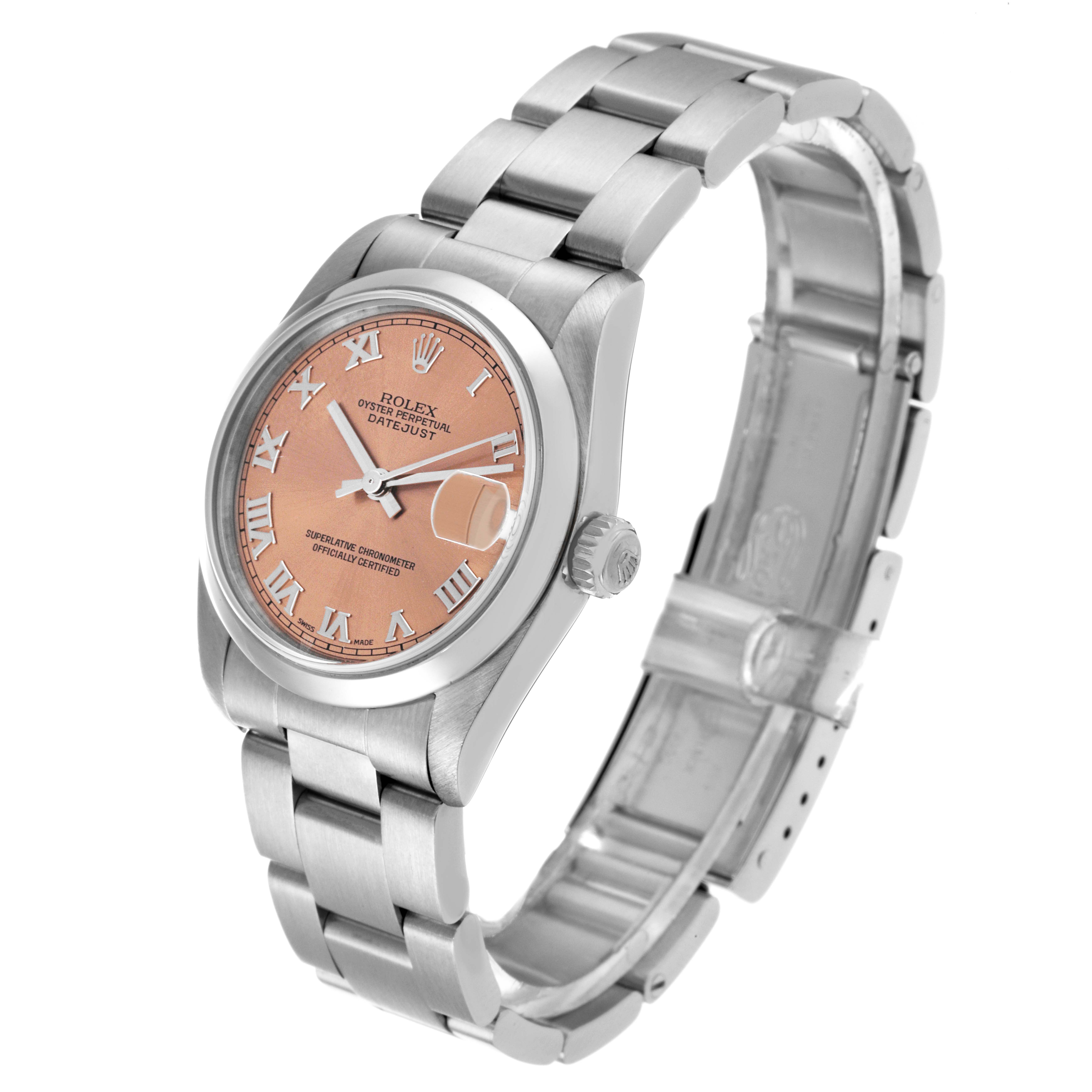 The Mid-Size Rolex Datejust watch is shown at a three-quarter angle, displaying the bracelet, case, and dial with a pink face.