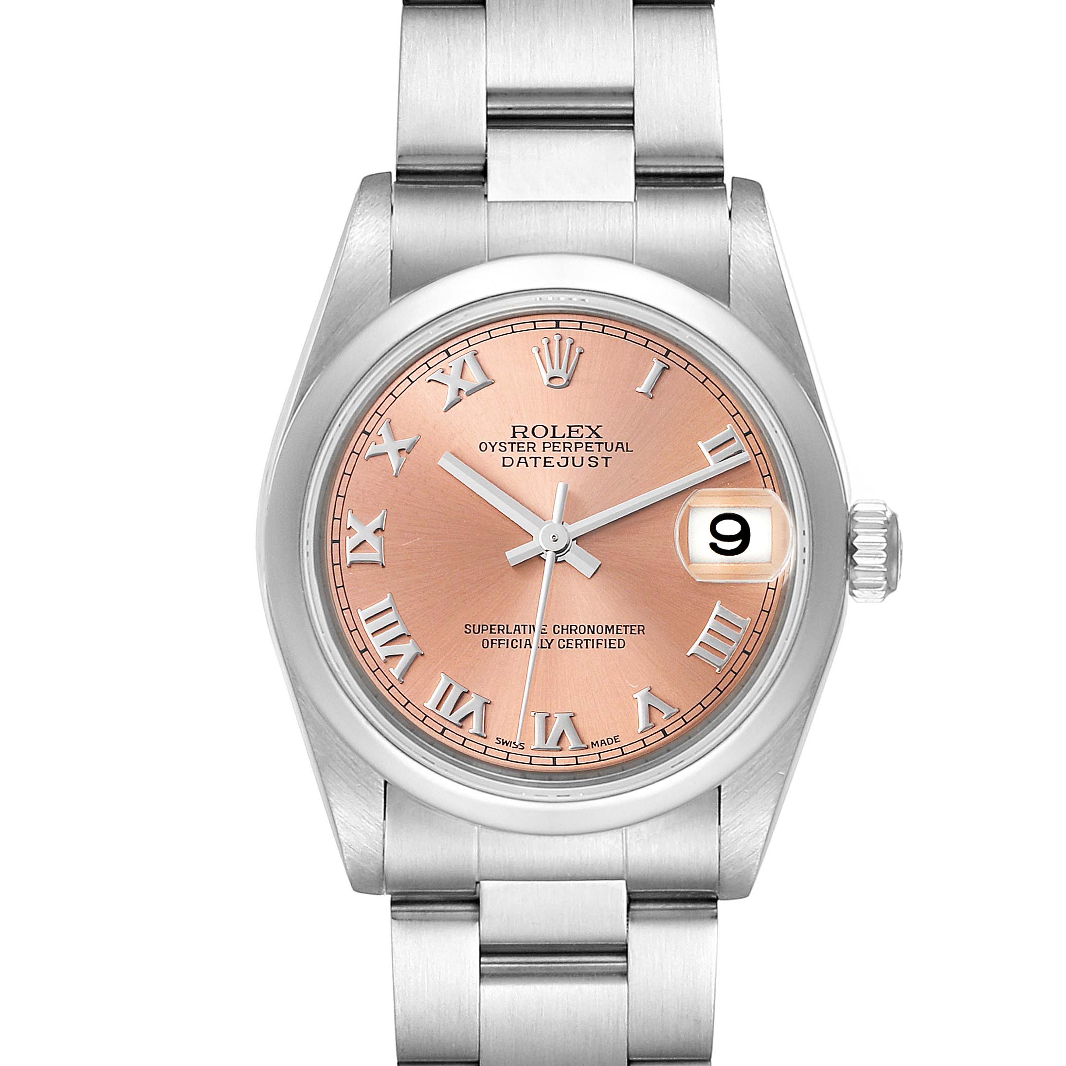 This is a front view of a Rolex Datejust Mid-Size watch, showing the pink dial, Roman numerals, and stainless steel bracelet.