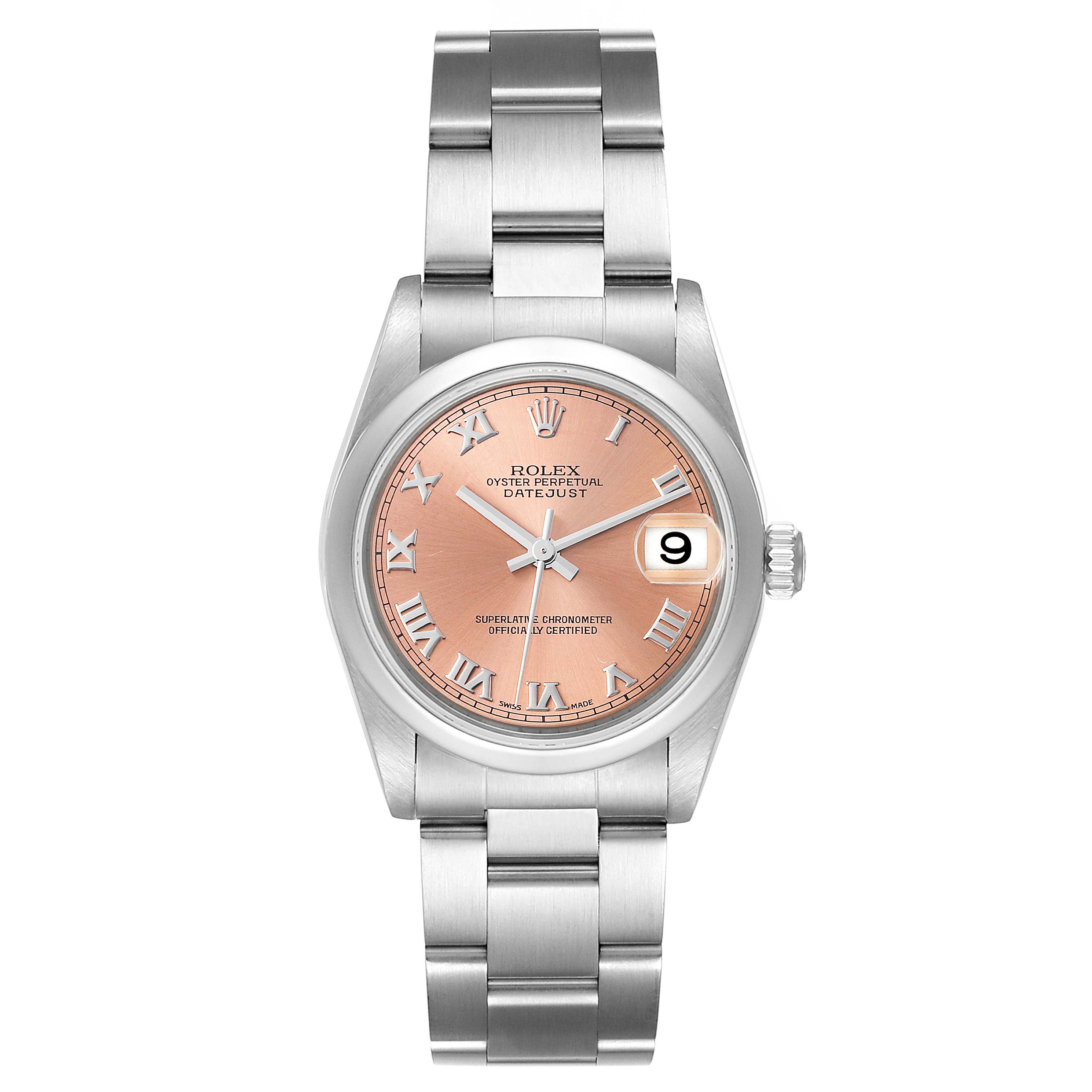 The image shows the front view of a Rolex Oyster Perpetual Datejust Mid-Size watch, featuring a pink dial with Roman numerals.