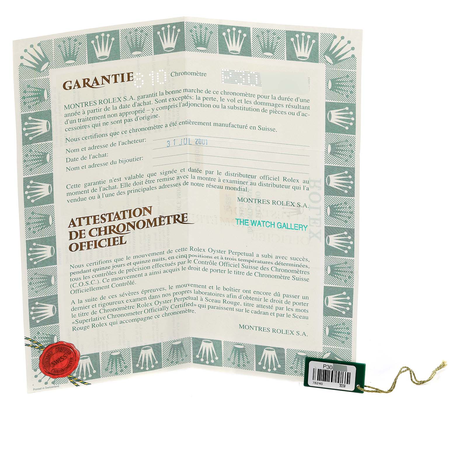 This image shows the official warranty and chronometer certification for a Mid-Size Rolex watch.