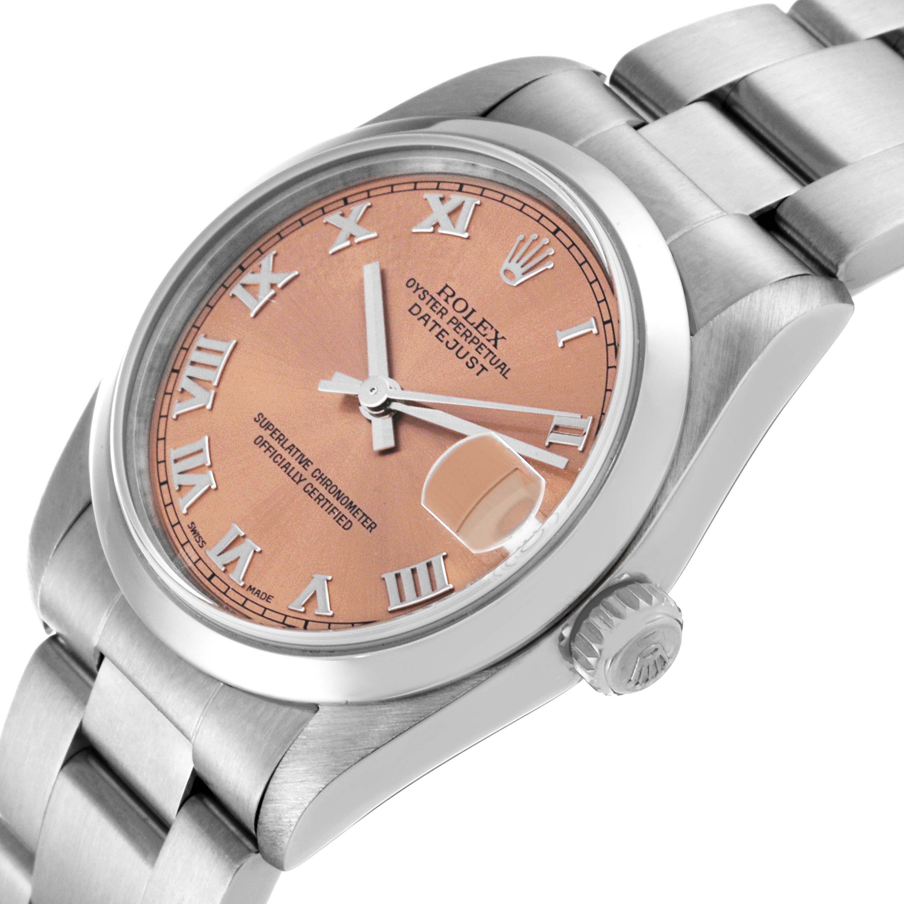 The image shows a Rolex Mid-Size 78240 Women's Stainless Steel Pink Dial 78240 Women's Stainless Steel Pink Dial Oyster Perpetual Datejust watch at an angle highlighting the dial, crown, and part of the bracelet.