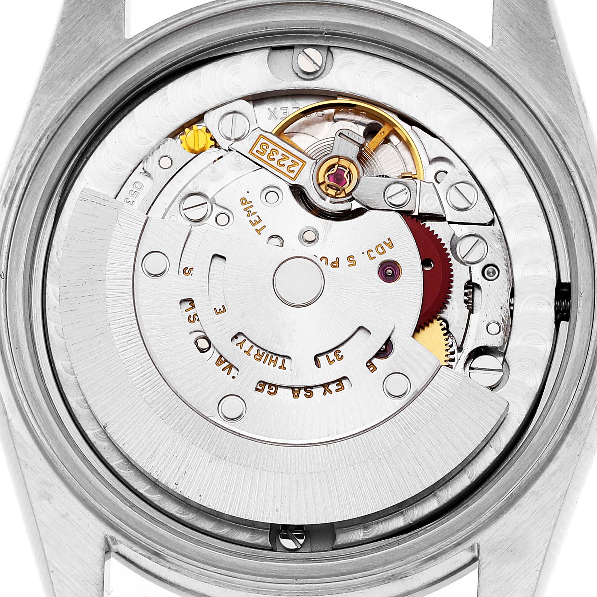 The image shows the intricate internal mechanism of a mid-size Rolex watch viewed from the back.