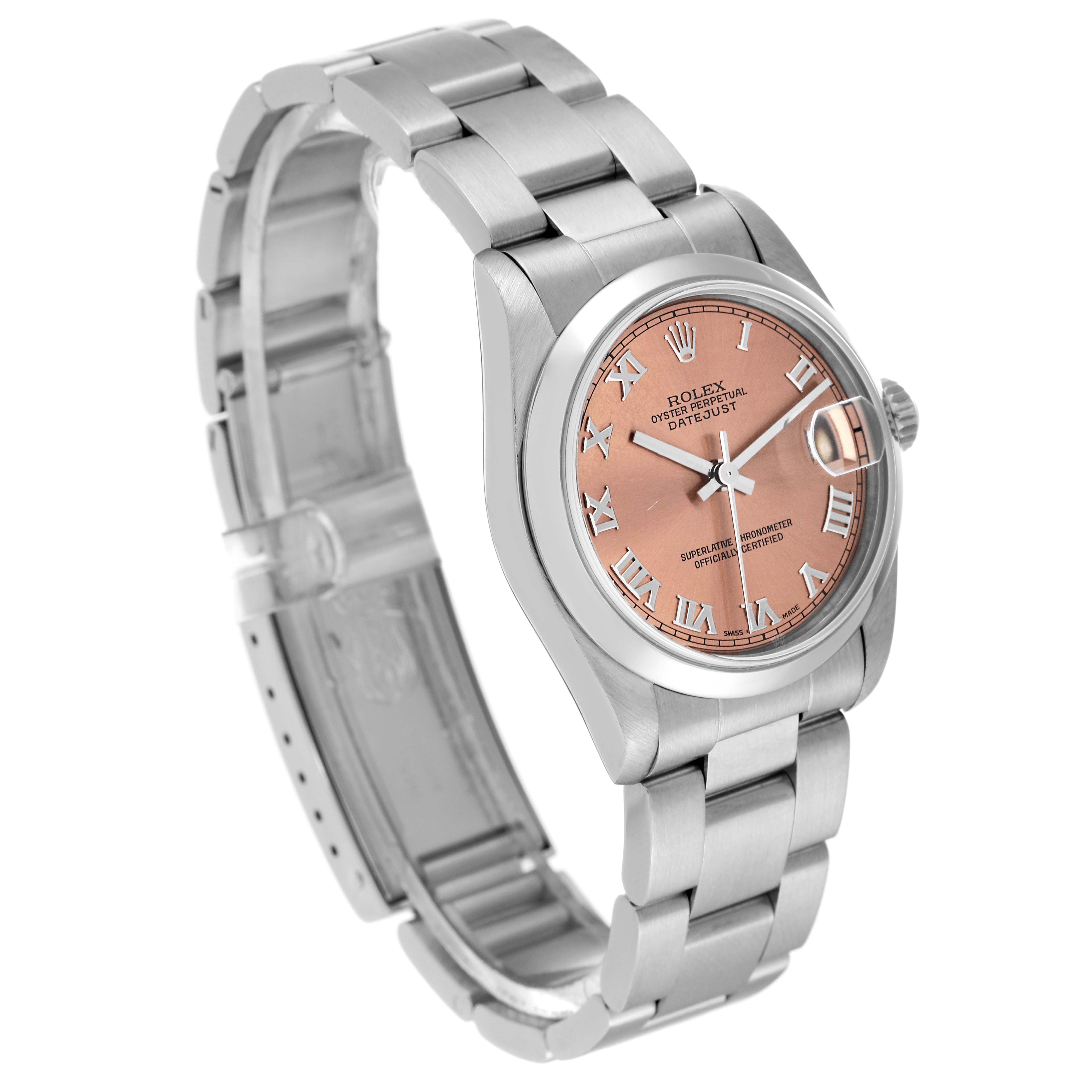 This image shows a side angle of a mid-size Rolex Datejust watch, displaying its face, bracelet, and clasp.