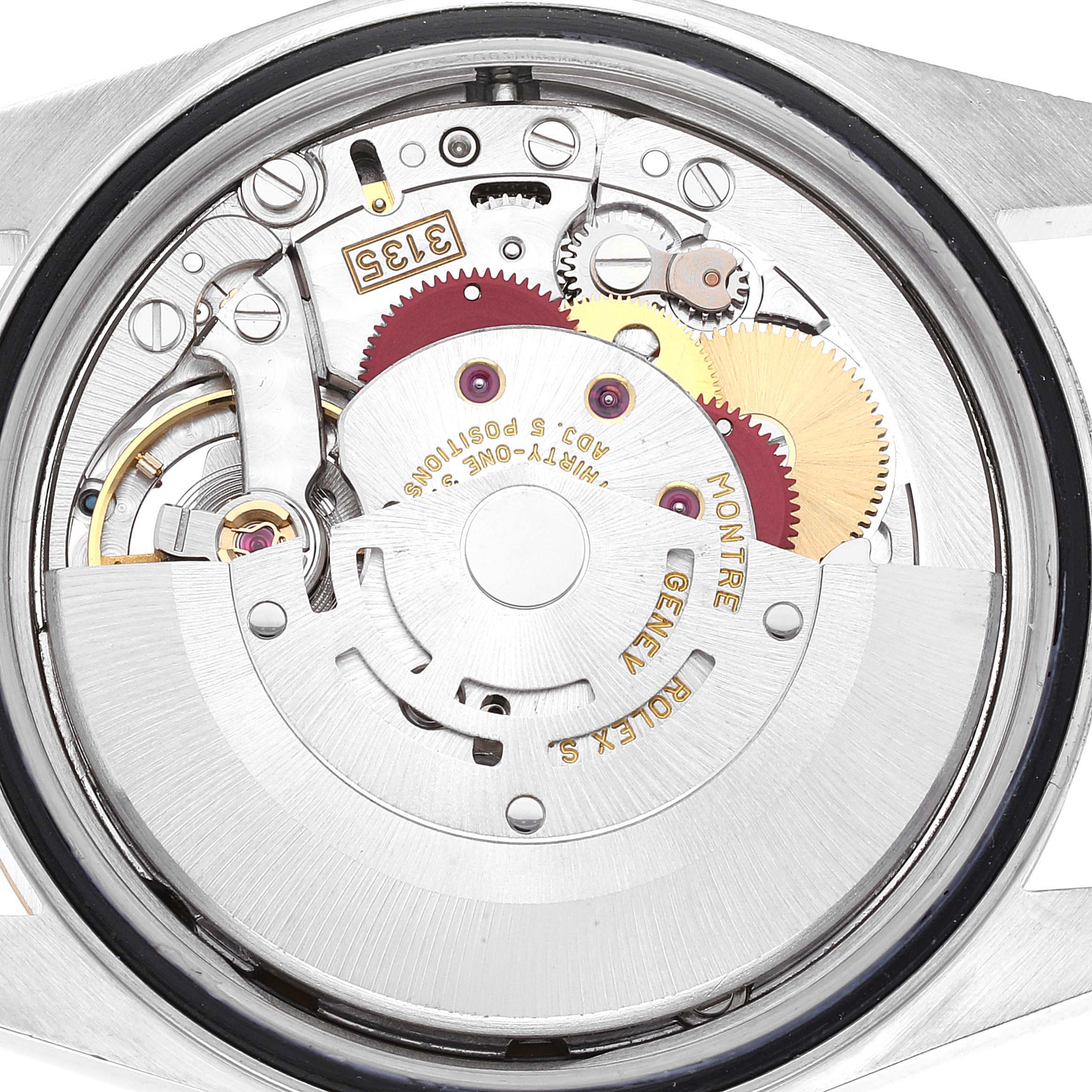 This image shows the internal mechanism of a Rolex Datejust 16233 Men's Steel and Gold (two tone) Blue Dial 16233 Men's Steel and Gold (two tone) Blue Dial watch from the back angle.