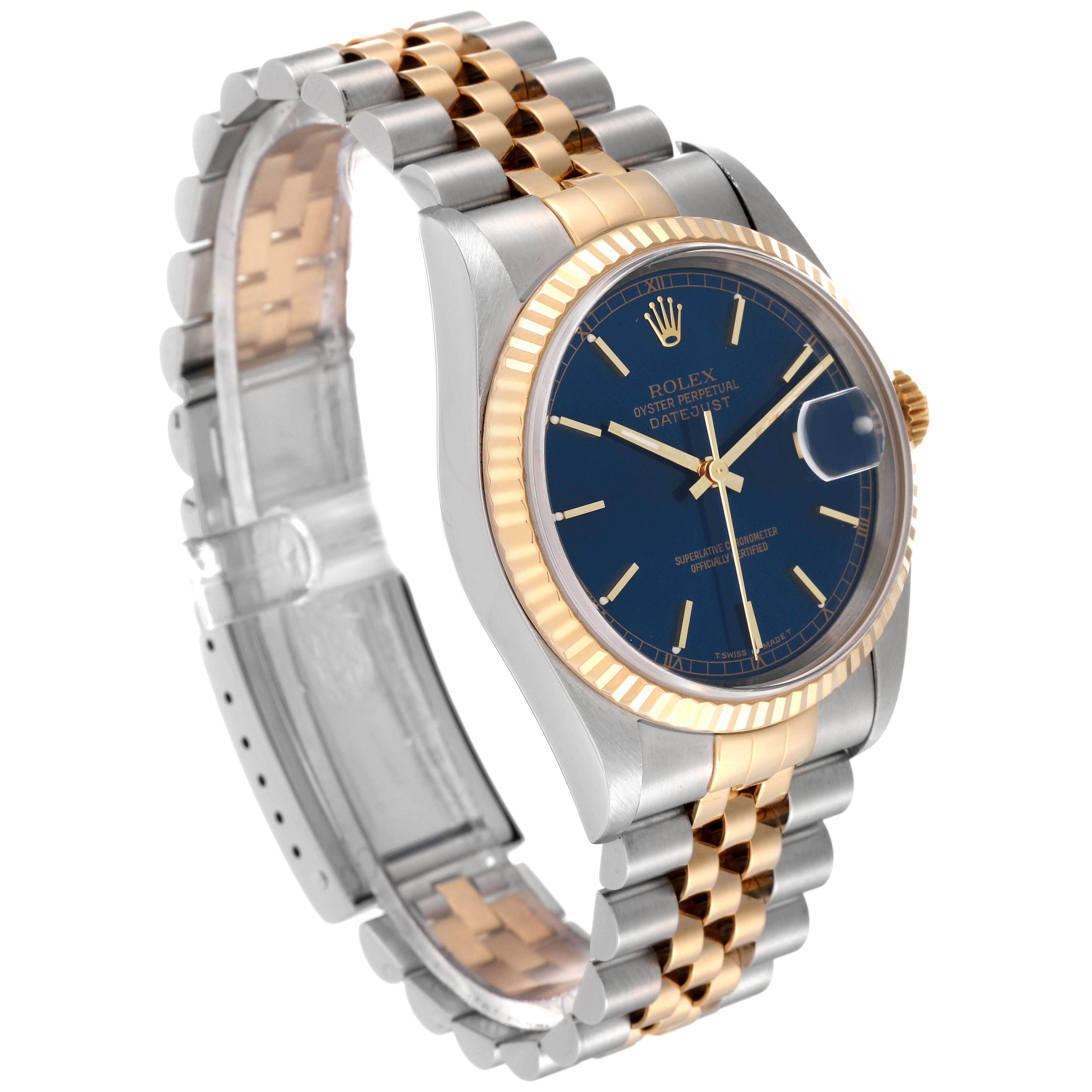 The image shows a Rolex Datejust 16233 Men's Steel and Gold (two tone) Blue Dial 16233 Men's Steel and Gold (two tone) Blue Dial watch at a slight angle, showcasing the dial, bezel, crown, and bracelet.
