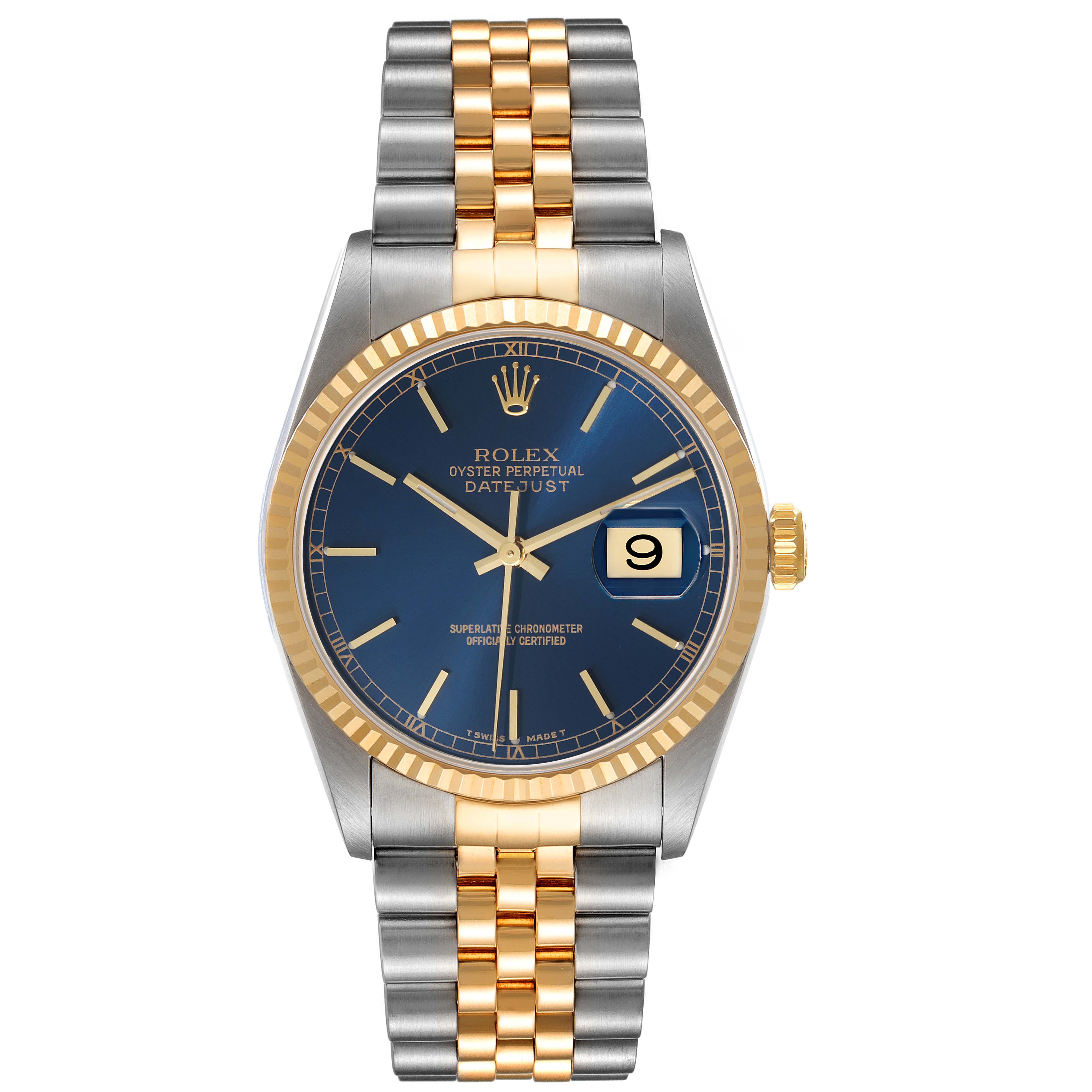 This image shows a frontal view of a Rolex Datejust 16233 Men's Steel and Gold (two tone) Blue Dial 16233 Men's Steel and Gold (two tone) Blue Dial watch, featuring a blue dial, date display, and two-tone bracelet.
