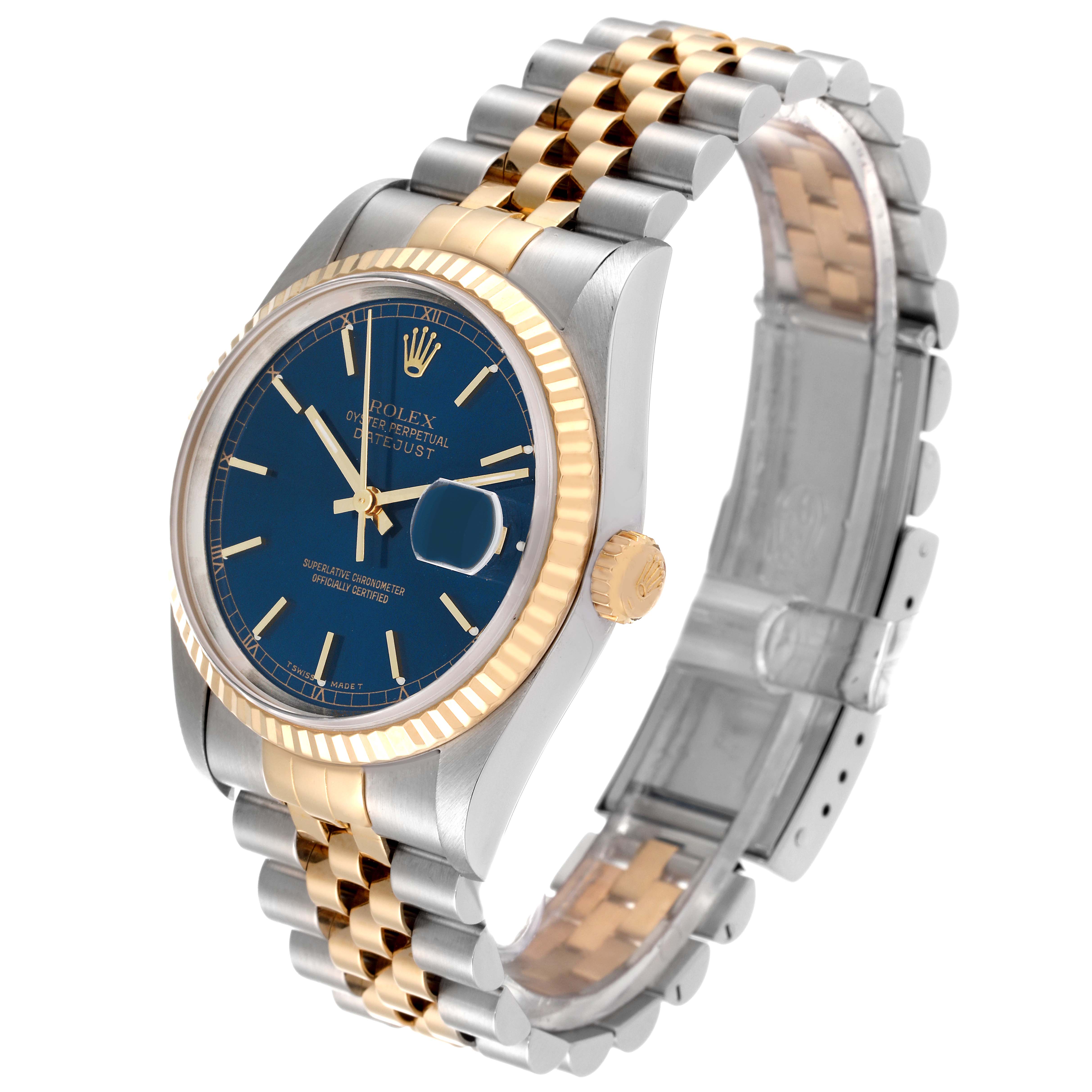 The image shows a Rolex Datejust 16233 Men's Steel and Gold (two tone) Blue Dial 16233 Men's Steel and Gold (two tone) Blue Dial watch at a three-quarter angle, highlighting its stainless steel and gold bracelet, blue dial, and fluted bezel.