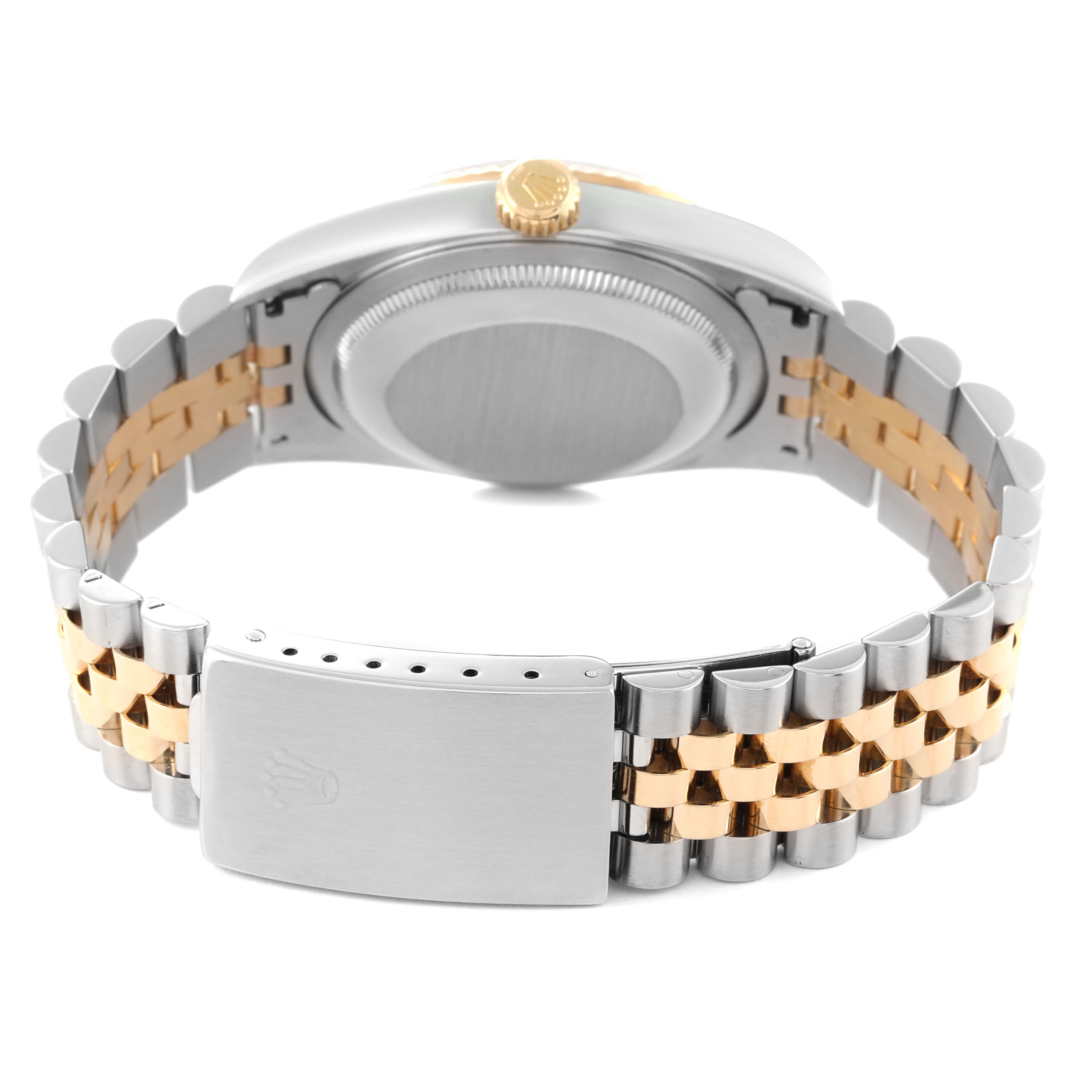 The image shows the back view of a Rolex Datejust 16233 Men's Steel and Gold (two tone) Blue Dial 16233 Men's Steel and Gold (two tone) Blue Dial model, focusing on the watch clasp, bracelet, and case back.