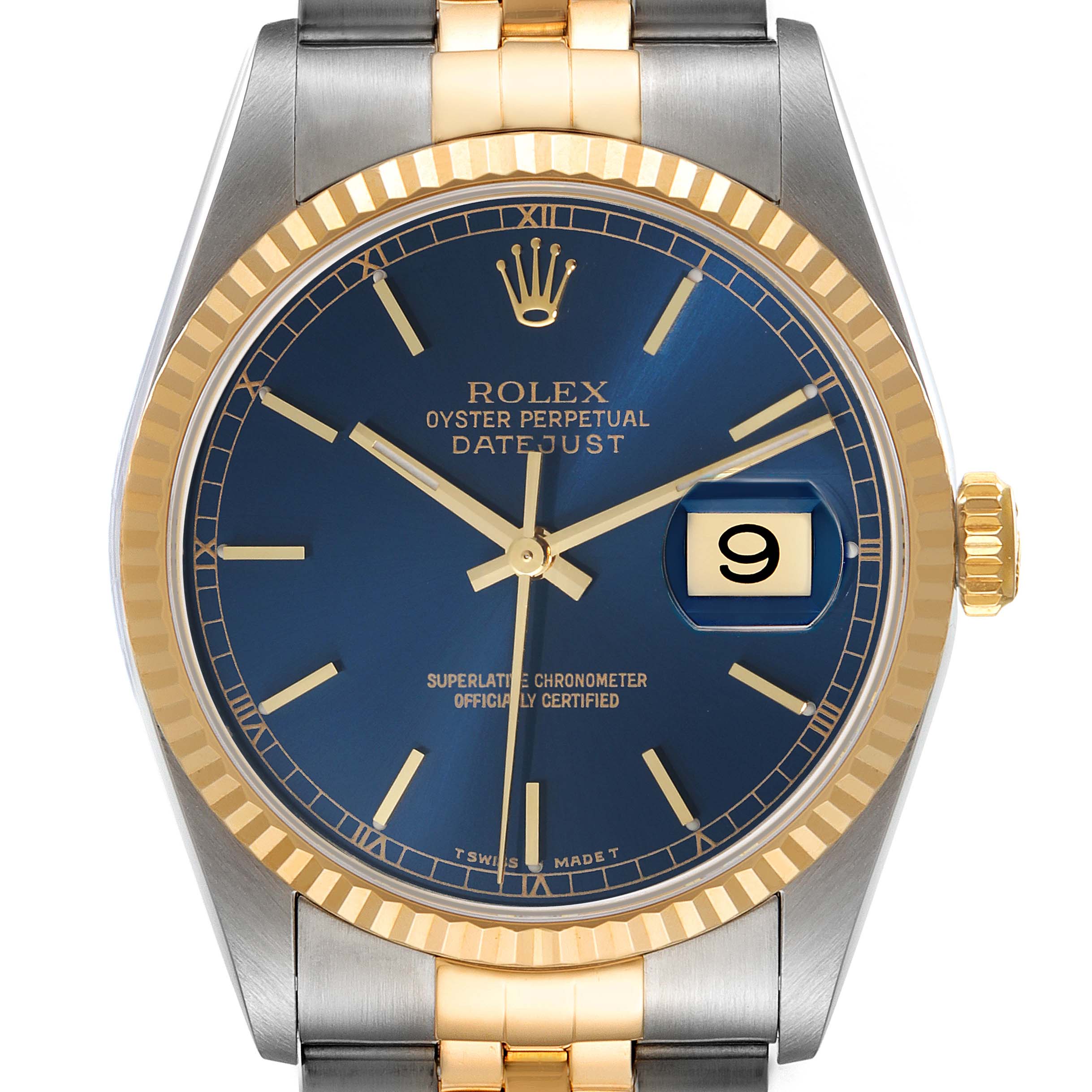 The image shows a front view of a Rolex Datejust 16233 Men's Steel and Gold (two tone) Blue Dial 16233 Men's Steel and Gold (two tone) Blue Dial with a blue dial, gold bezel, two-tone bracelet, and date display at 3 o'clock.
