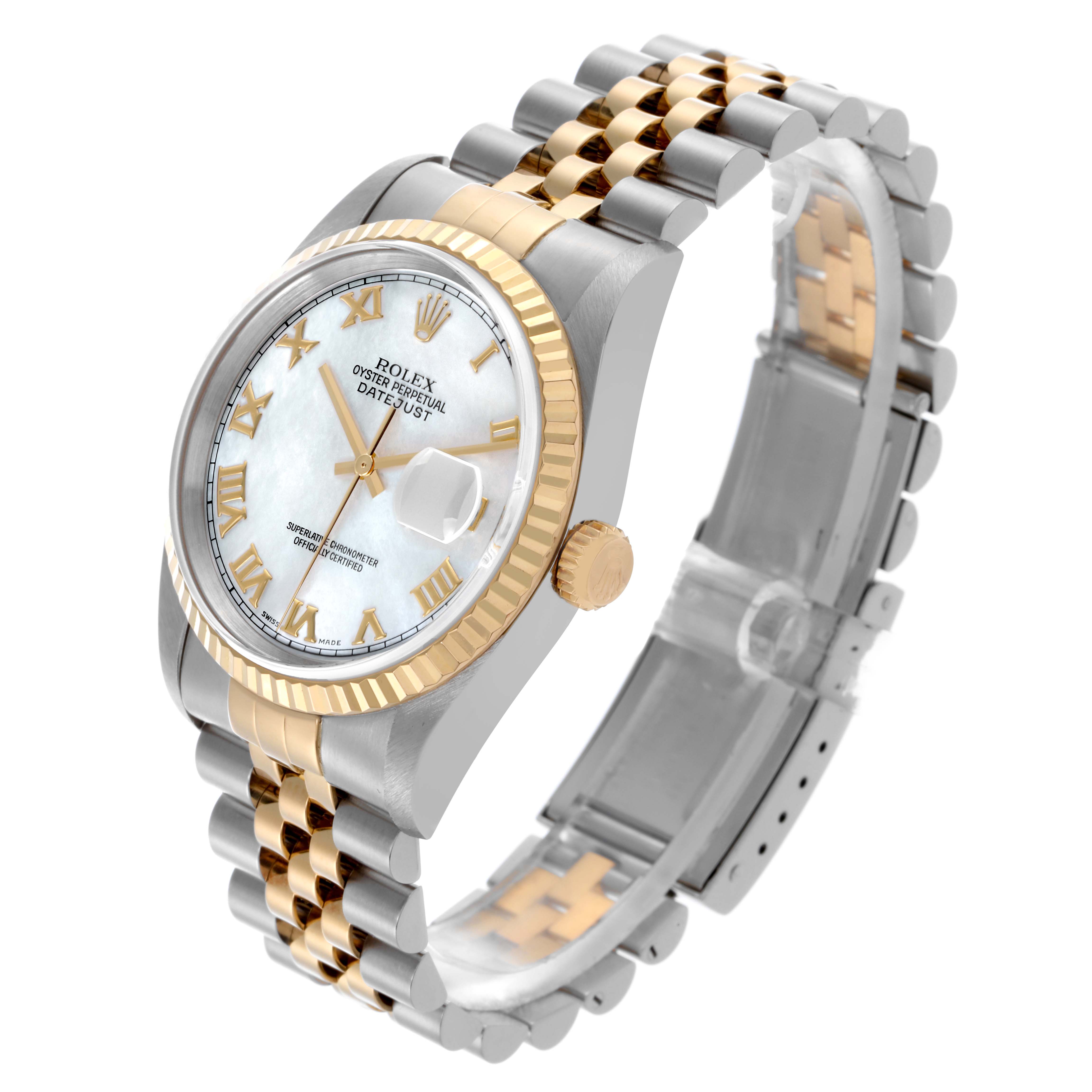 The Rolex Datejust 16233 Men's Steel and Gold (two tone) Mother of Pearl Dial 16233 Men's Steel and Gold (two tone) Mother of Pearl Dial watch is shown at a three-quarter angle, highlighting the face, bezel, and Jubilee bracelet.