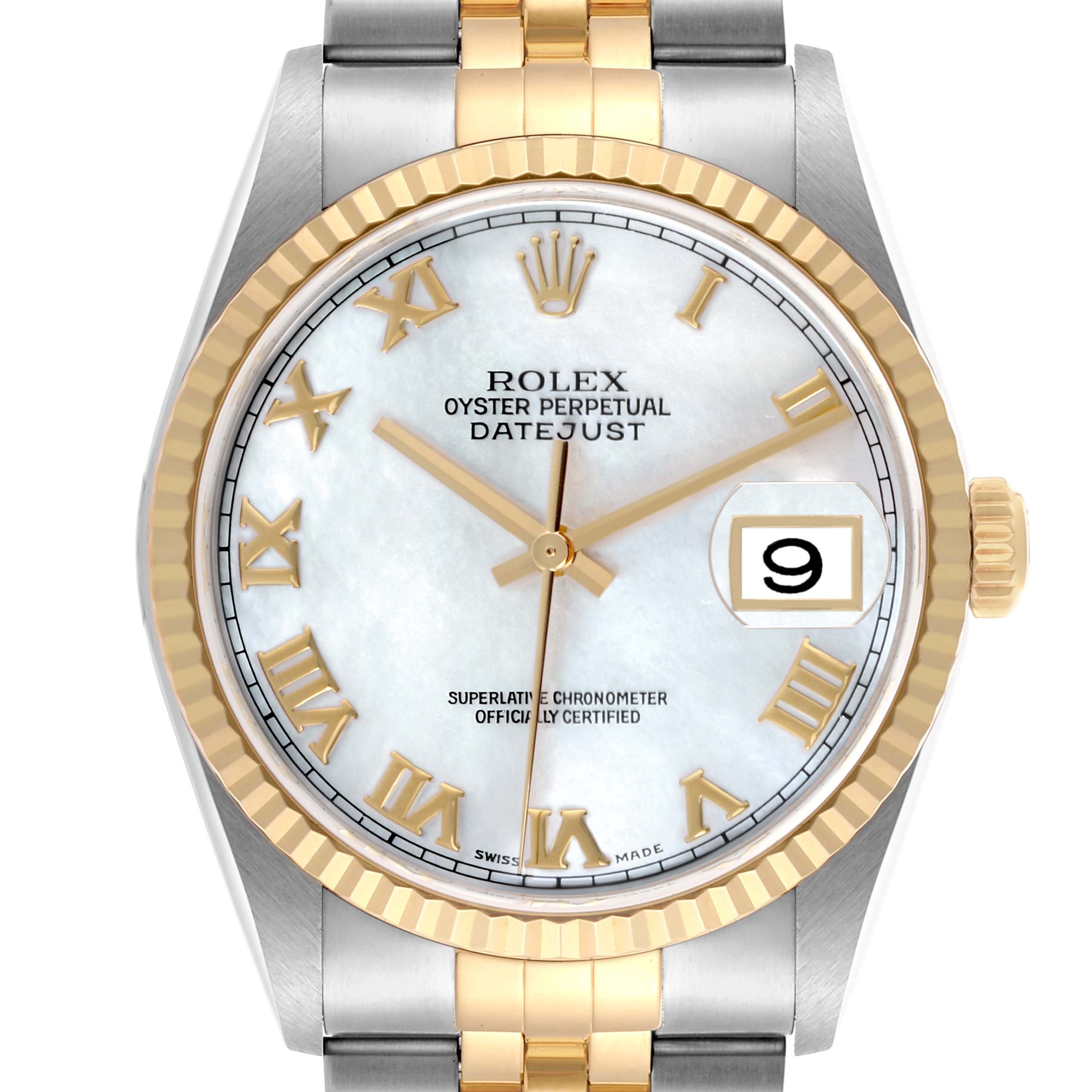 The Rolex Datejust 16233 Men's Steel and Gold (two tone) Mother of Pearl Dial 16233 Men's Steel and Gold (two tone) Mother of Pearl Dial watch is shown from a front angle, highlighting the dial, hands, bezel, bracelet, and crown.