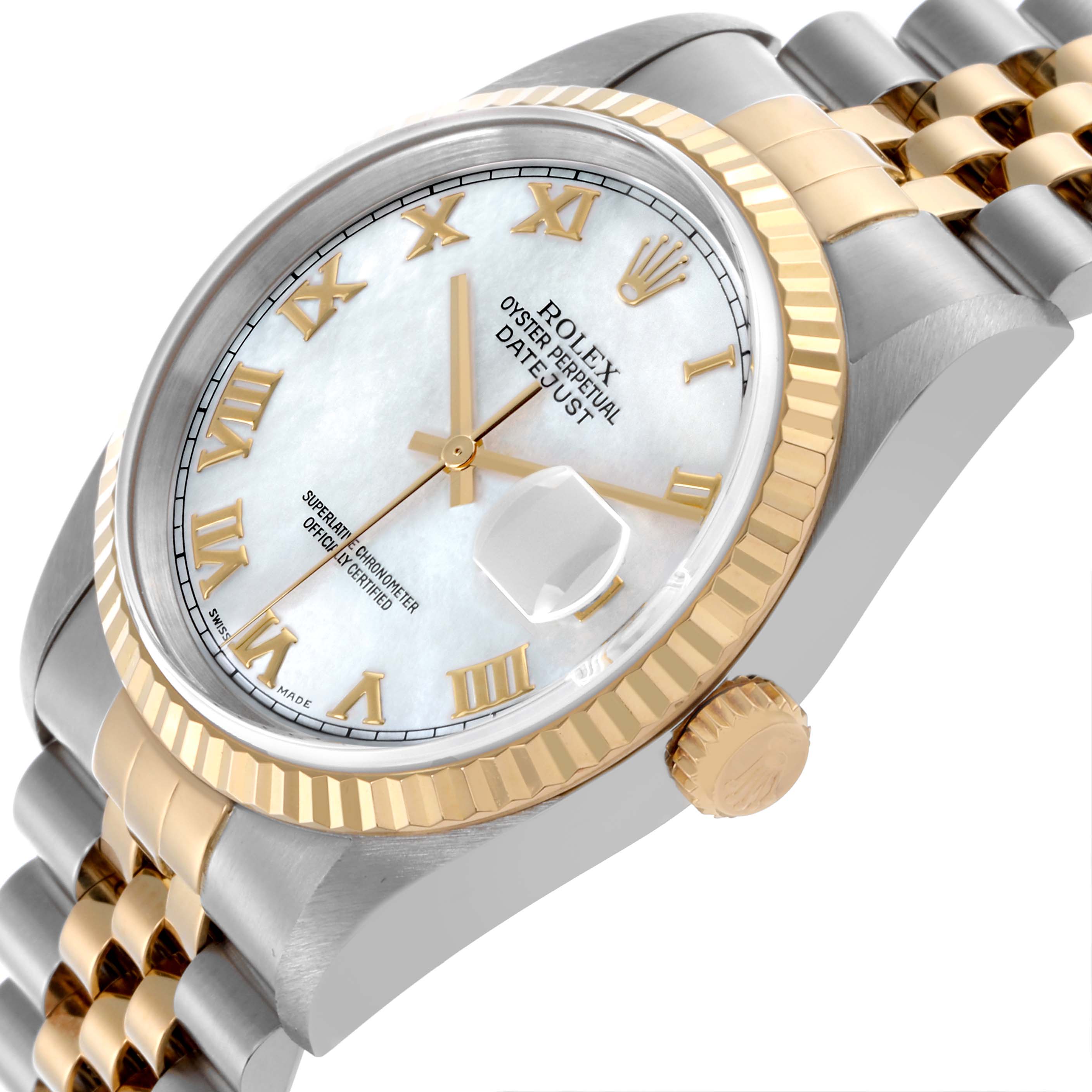 The Rolex Datejust 16233 Men's Steel and Gold (two tone) Mother of Pearl Dial 16233 Men's Steel and Gold (two tone) Mother of Pearl Dial watch is shown at an angled side view featuring the bezel, dial, and bracelet.